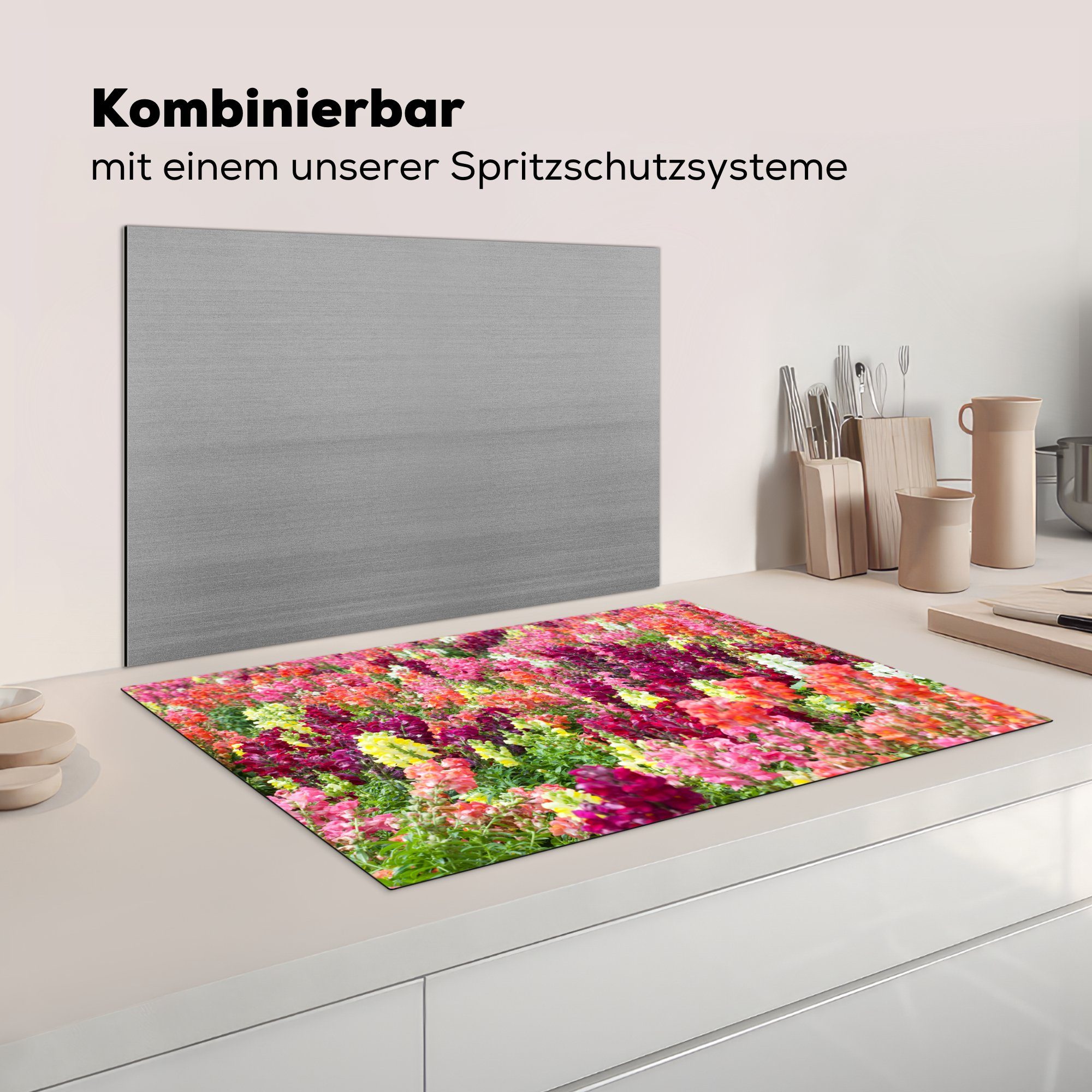 MuchoWow Herdblende-/Abdeckplatte Vinyl, Induktionskochfeld einem cm, 81x52 Bunte Schutz Löwenmäulchen die Feld, für auf Ceranfeldabdeckung küche, tlg), (1