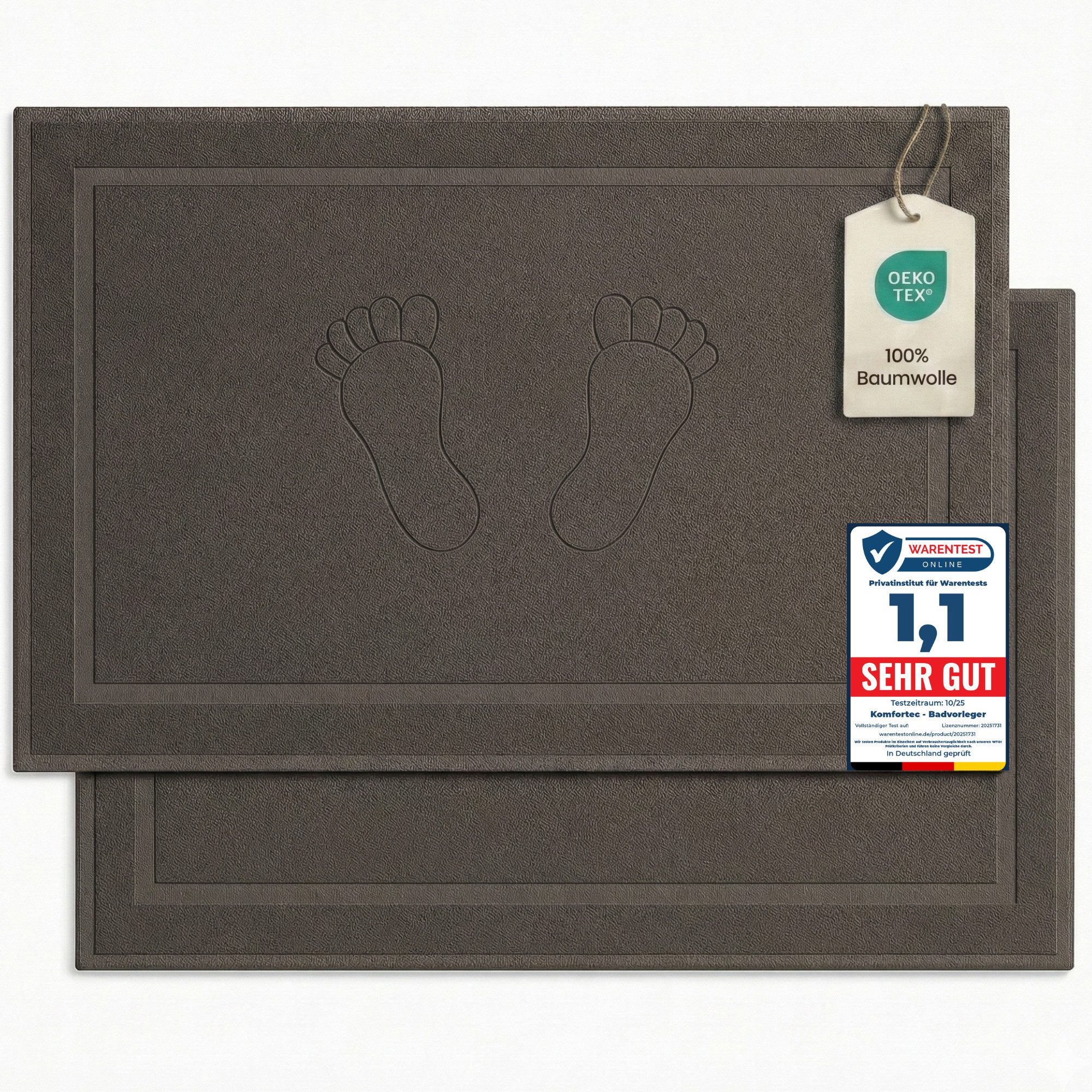 Komfortec Badematte Badvorleger aus 100% Baumwolle, 50x80 cm Duschvorleger, Waschbar Duschmatte, Frottee, Rechteckig, 800 g/m², 2er Set, Saugfähig & Schnelltrocknend