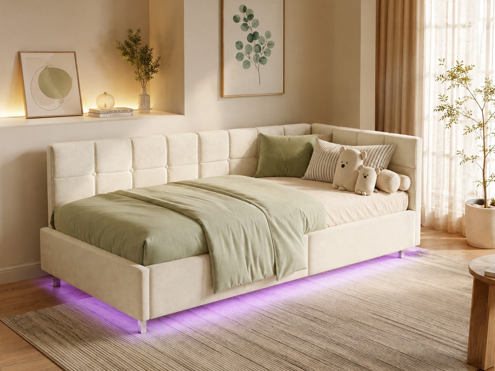 Simurq Einzelbett Einzelbett mit Stauraum, Schlafsofa mit gepolsterter Rückenlehne (Bett mit Bettkasten), Schlafsofa mit Gasdruckfeder, USB & Type-C, RGB-Leuchtband