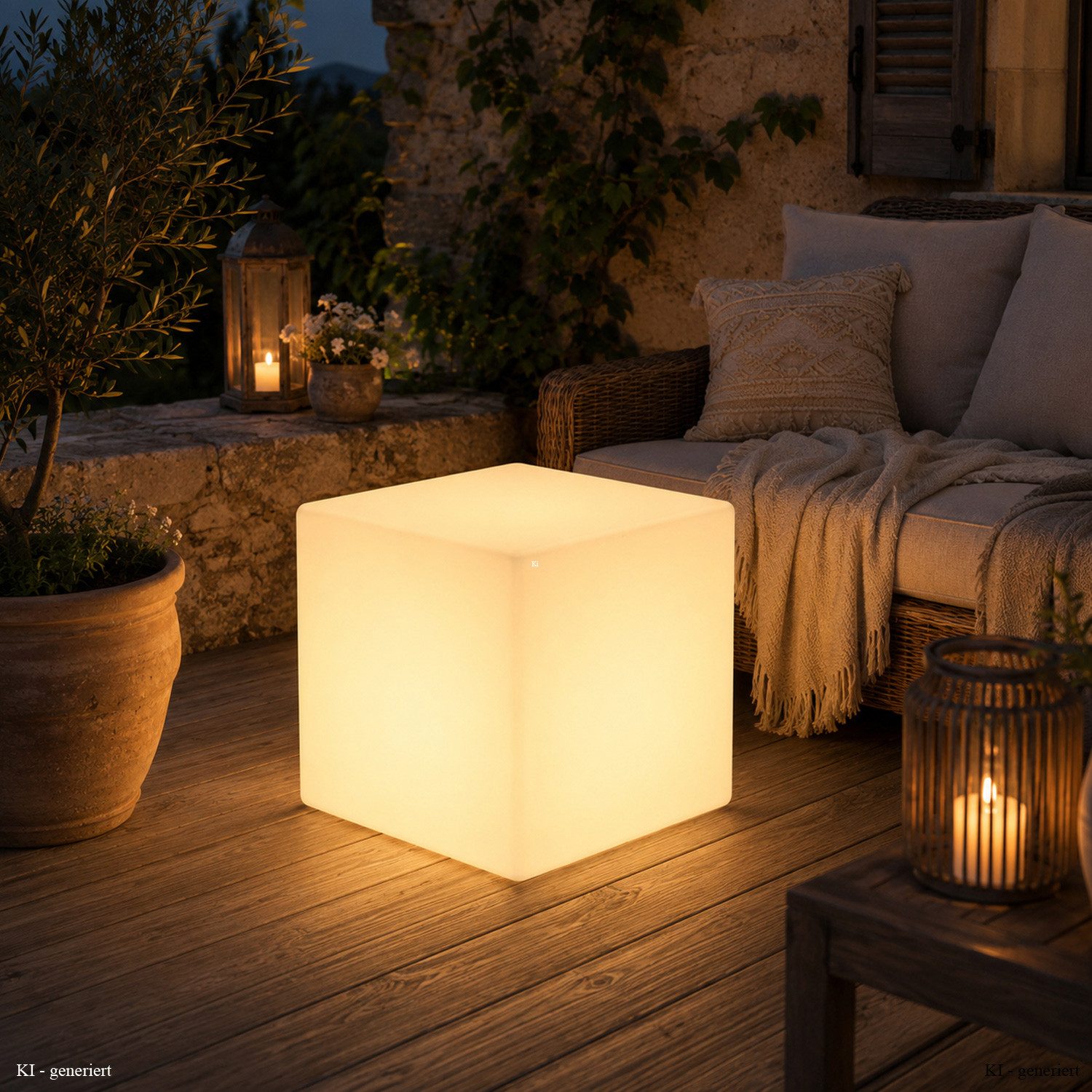 SATISFIRE LED Würfel LED Leuchtwürfel Cube 50x50cm E27 warmweiß outdoor Beistelltisch, LED Classic, warmweiß (2100K bis 3000K)
