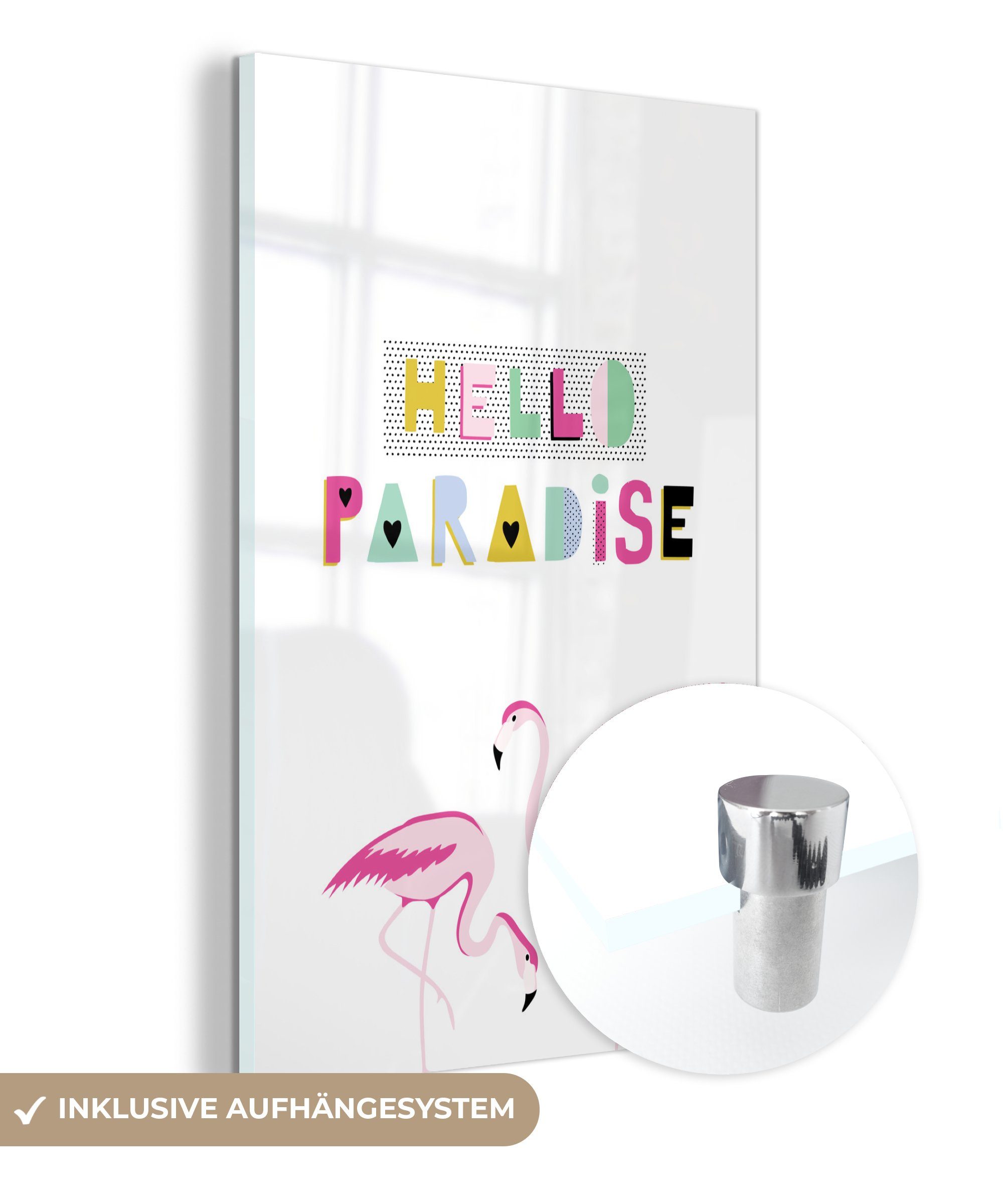 MuchoWow Acrylglasbild Flamingo - Paradies - Sommer, (1 St), Glasbilder - Bilder auf Glas Wandbild - Foto auf Glas - Wanddekoration