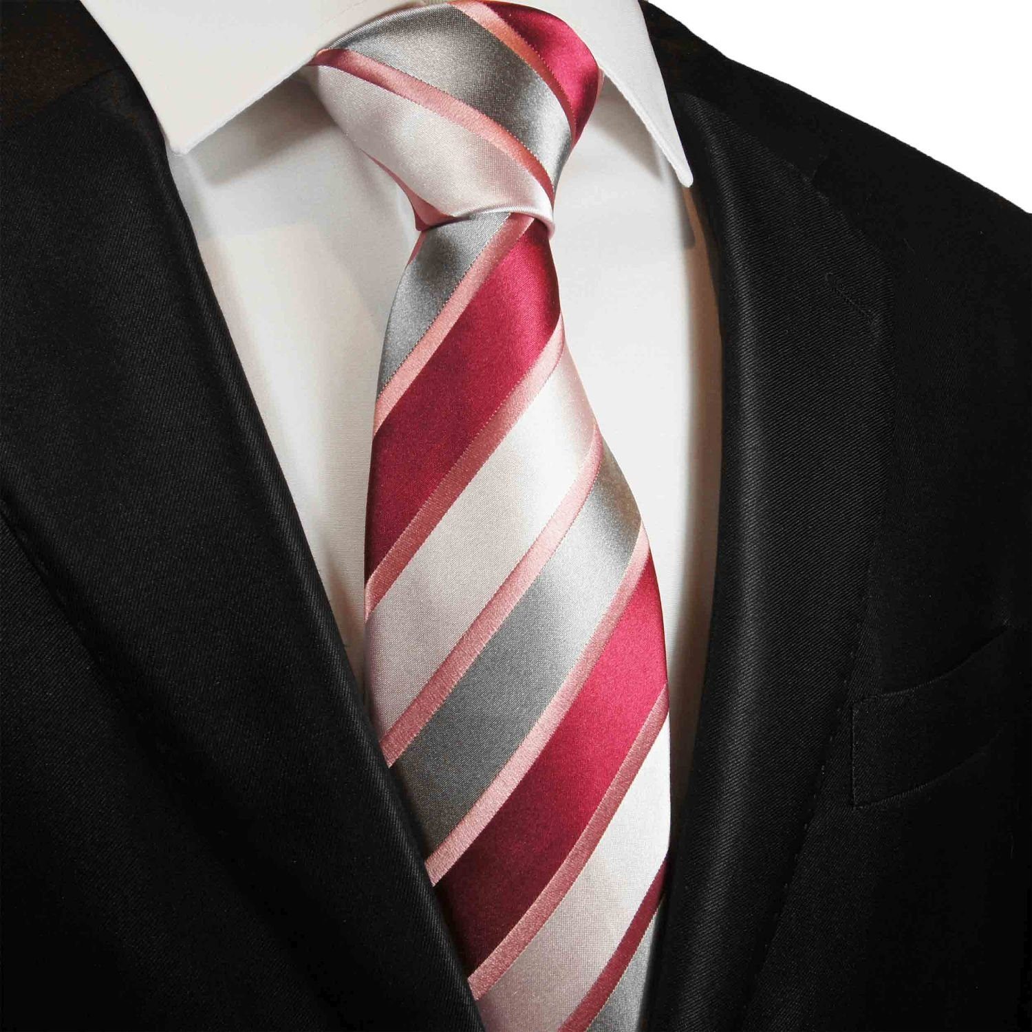 silber gestreift (8cm), 100% Krawatte Seidenkrawatte Seide Breit rot Herren Paul pink Designer Schlips 2046 Malone modern