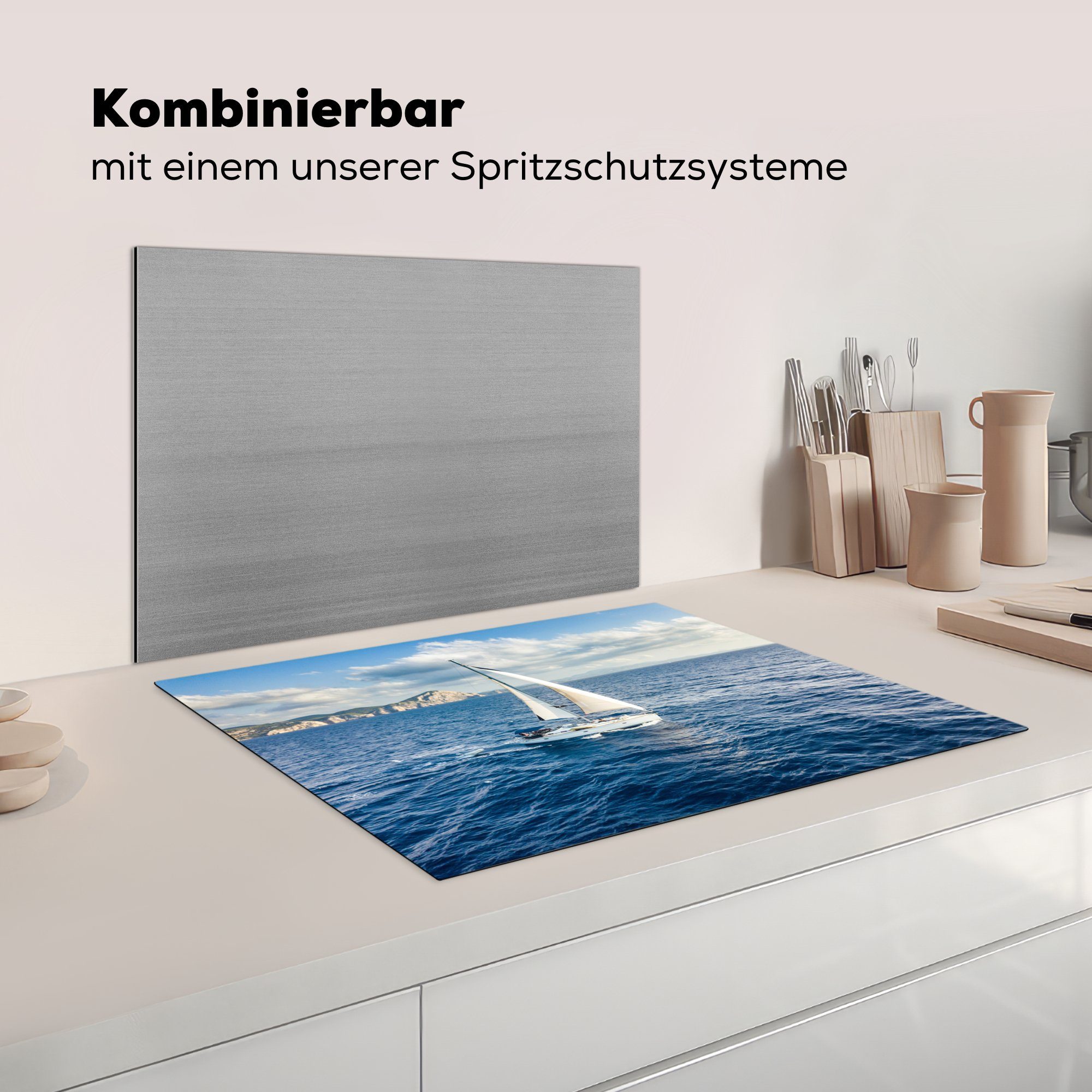 Meer, nutzbar, cm, - Boot 70x52 (1 Ceranfeldabdeckung MuchoWow - Herdblende-/Abdeckplatte Arbeitsfläche Vinyl, Mobile Weiß tlg),