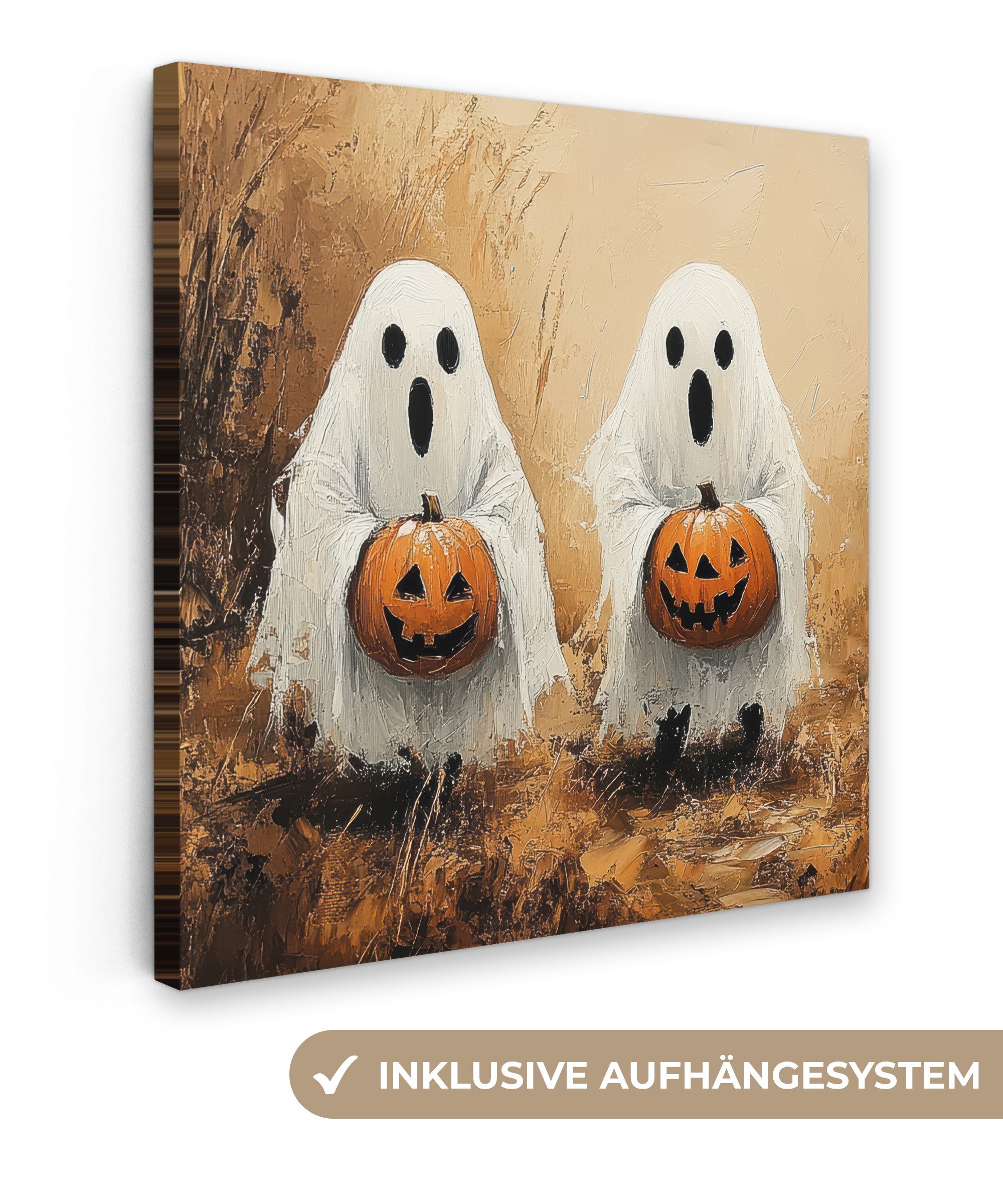 OneMillionCanvasses® Leinwandbild Halloween - Kürbis - Geist - Herbst, Fotodruck (1 St), Wandbild, Deko Schlafzimmer Wohnzimmer Flur 20x20 cm