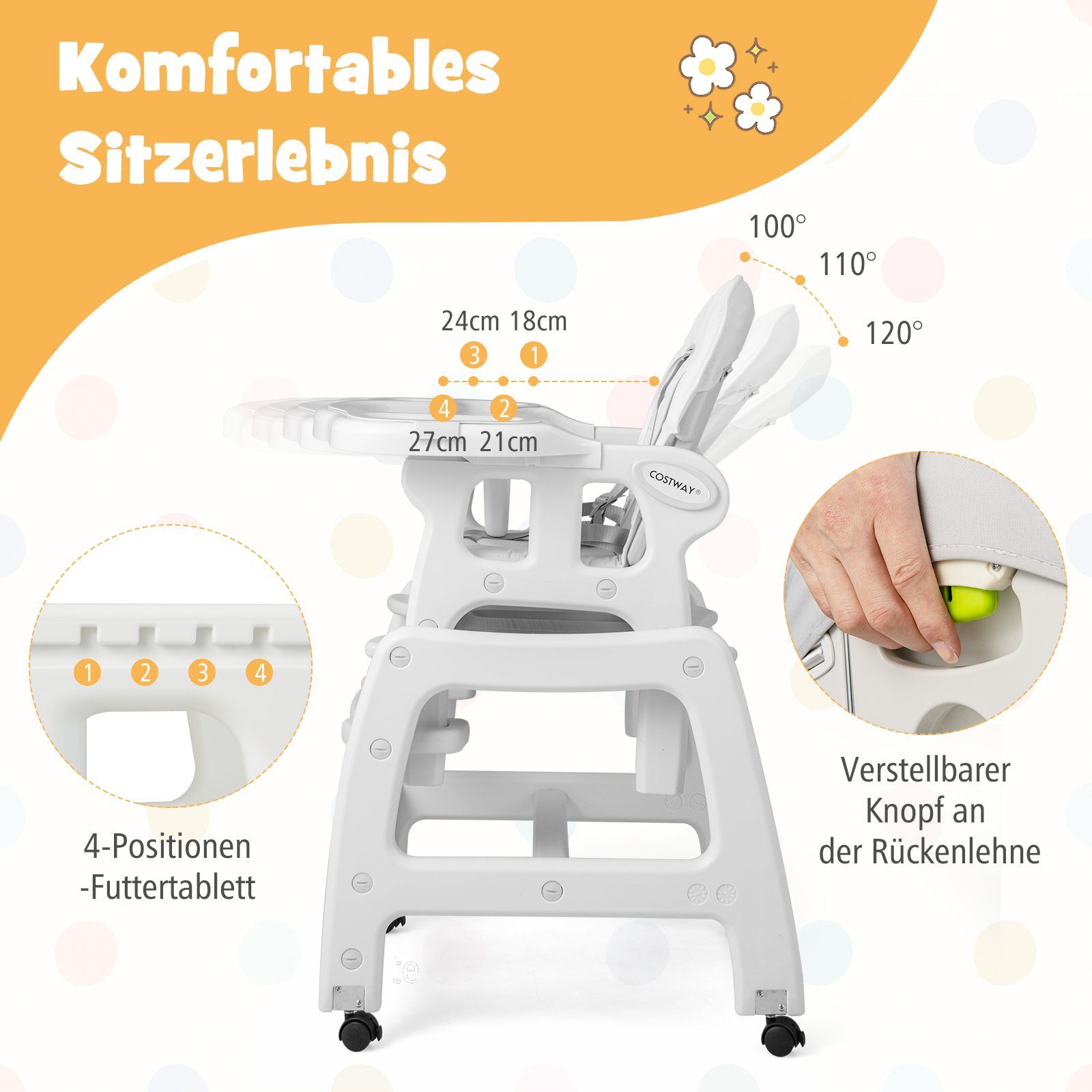 COSTWAY Hochstuhl 3 in 1 Babystuhl, wandelbar, einstellbarer Winkel, abnehmbar