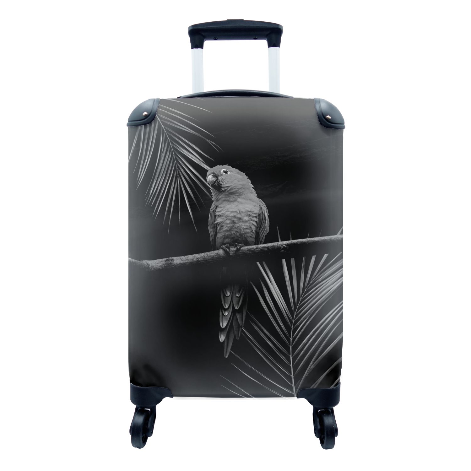 MuchoWow Rollen, sitzt -, 4 einem Papagei Handgepäckkoffer Ferien, Reisetasche Zweig für mit vor Reisekoffer Hintergrund Trolley, rollen, schwarzen auf Ein einem Handgepäck