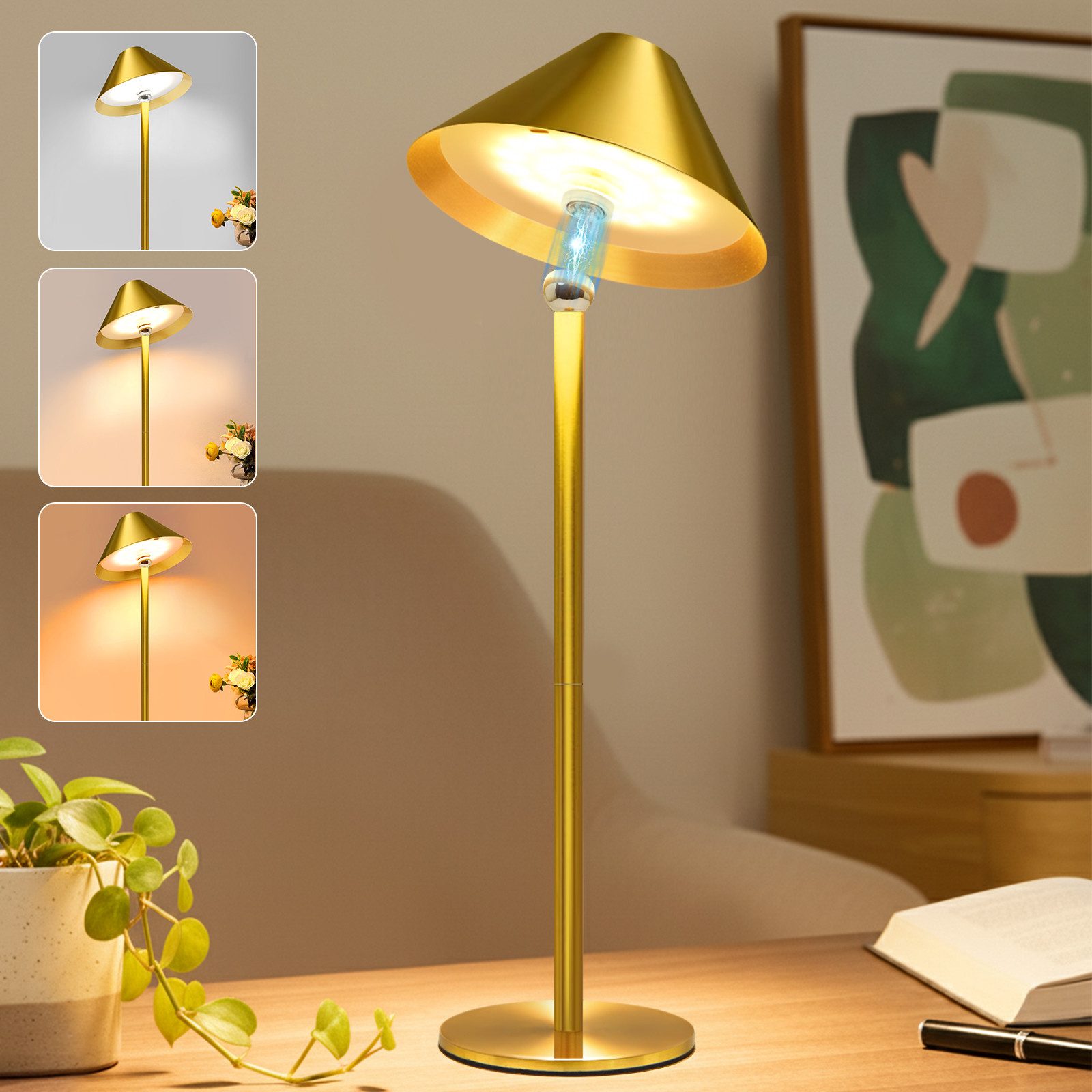 Lapalife Nachttischlampe LED Dimmbar Tischlampe Kabellos, Akku Tischleuchte, 3 Farbtemperaturen, Mit Touch Control für Indoor Nachttisch Terrasse Restaurant