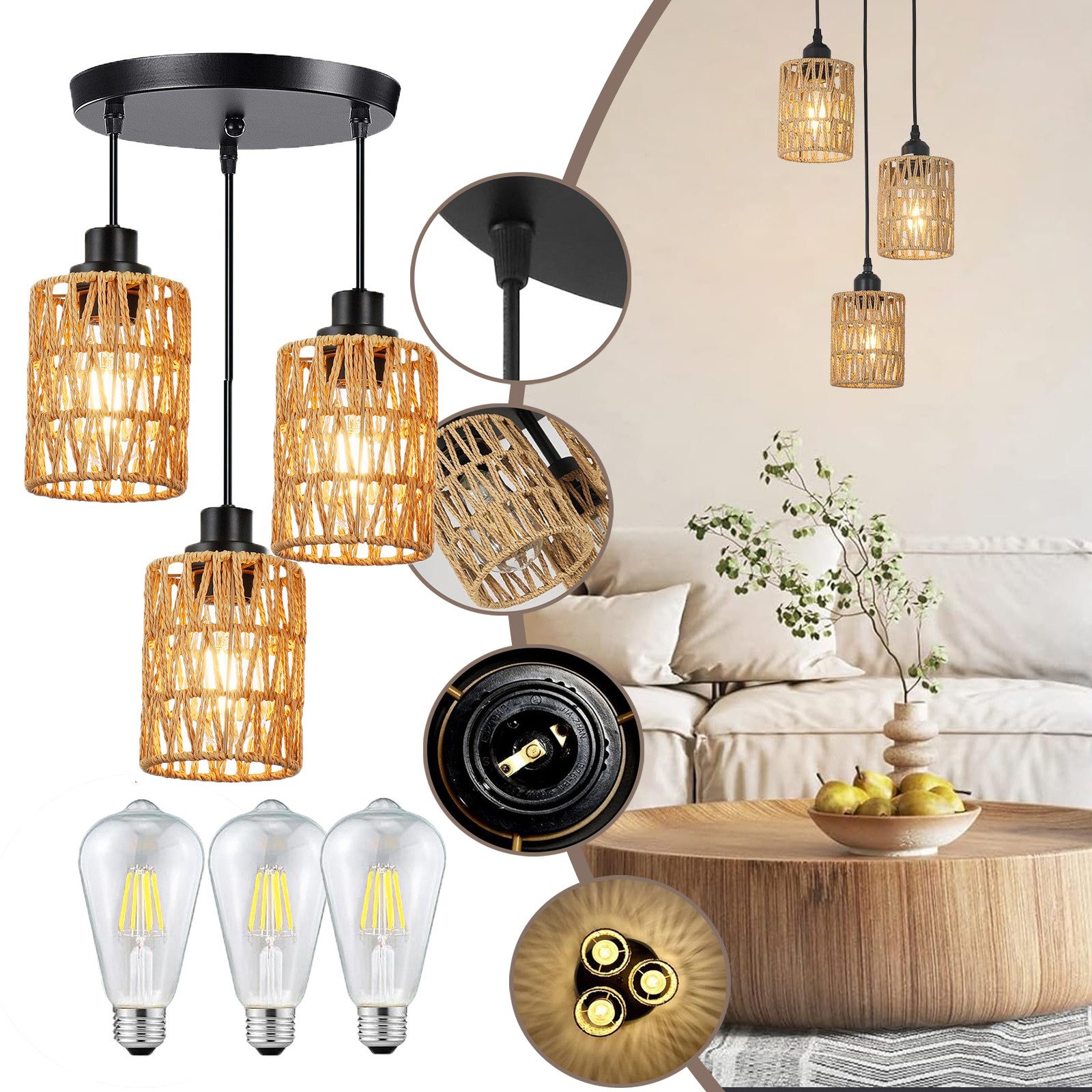 Jibenhome Pendelleuchte Boho Rattan Hängeleuchte 1/3-flammige, günstig online kaufen