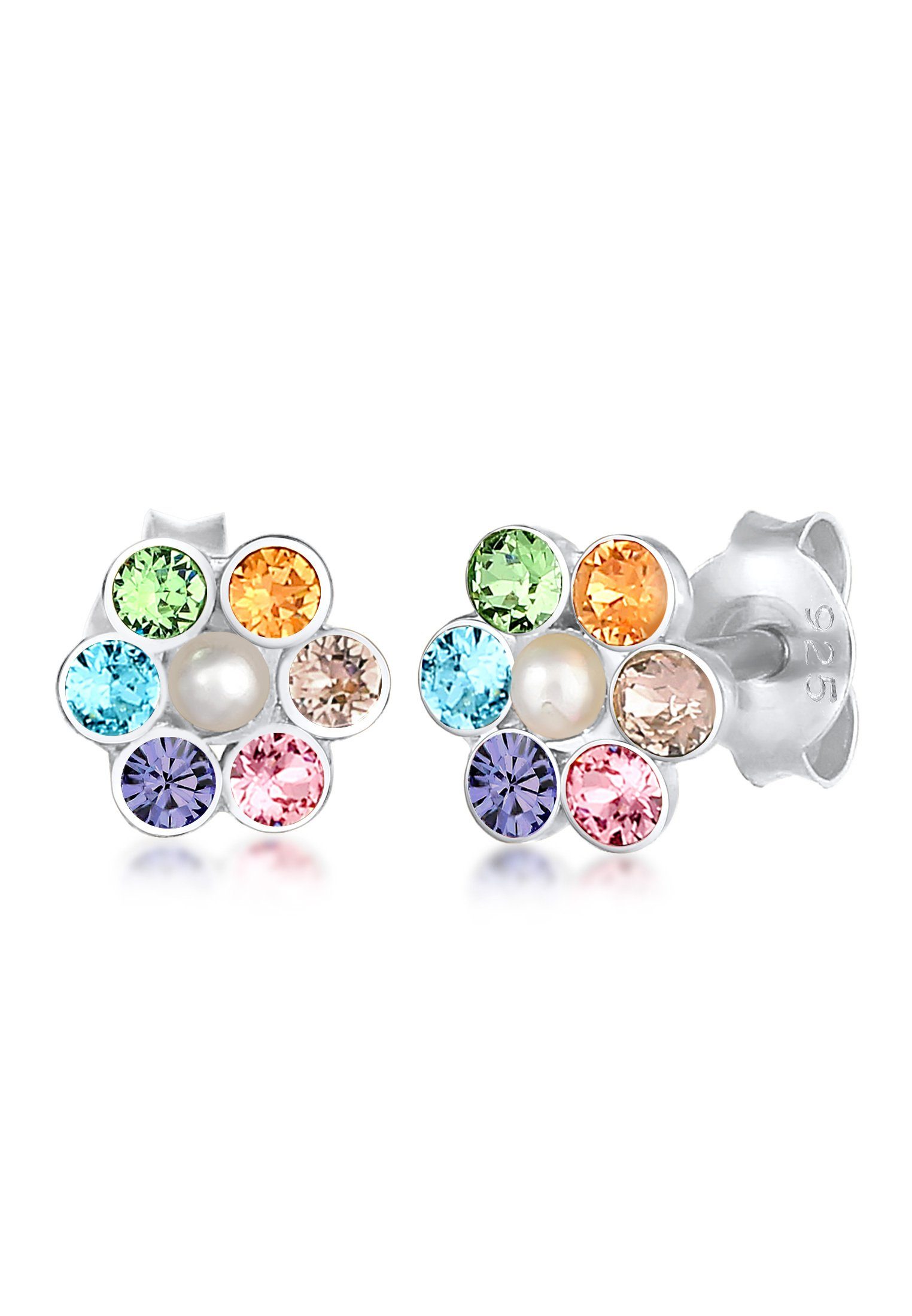 Paar Ohrstecker Kinder Blume Synthetische Perle Regenbogen Kristall 925 Silber