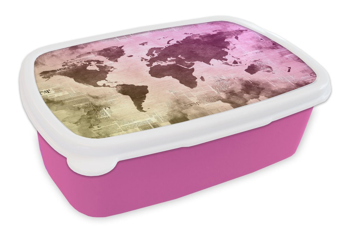 MuchoWow Lunchbox Weltkarte - Gelb - Lila, Kunststoff, (2-tlg), Brotbox für Erwachsene, Brotdose Kinder, Snackbox, Mädchen, Kunststoff rosa