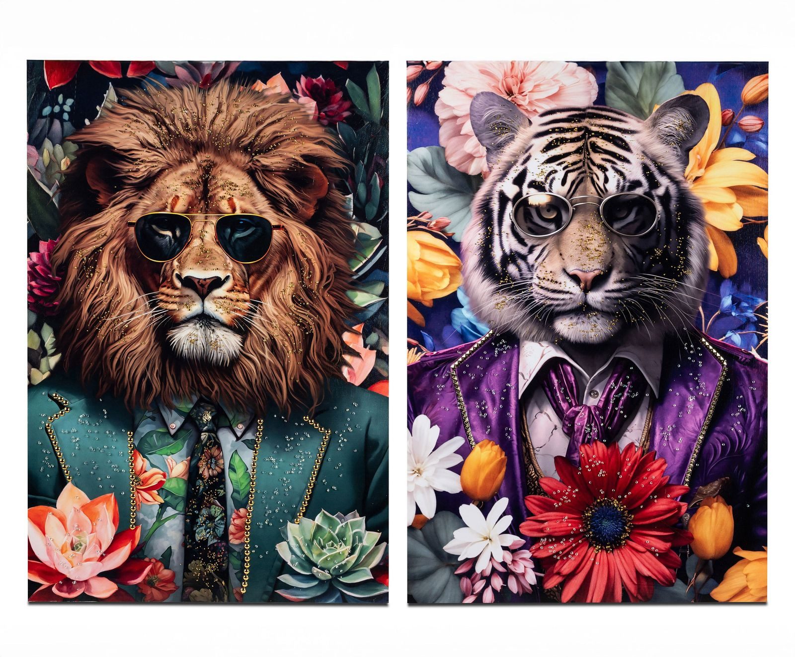 formano Wandbild Raubtier im Anzug 2er Set 60x90 cm Tierbild Leinwand mit Acrylsteinen