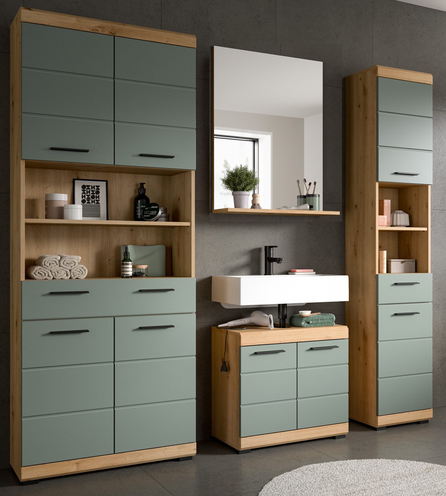 Inn.Furn Badmöbel-Set Shawn, (Badezimmer in Salbei grün und Artisan Eiche, 4-teilig, 200 x 191 cm), mit viel Stauraum – Bild 5 von 5