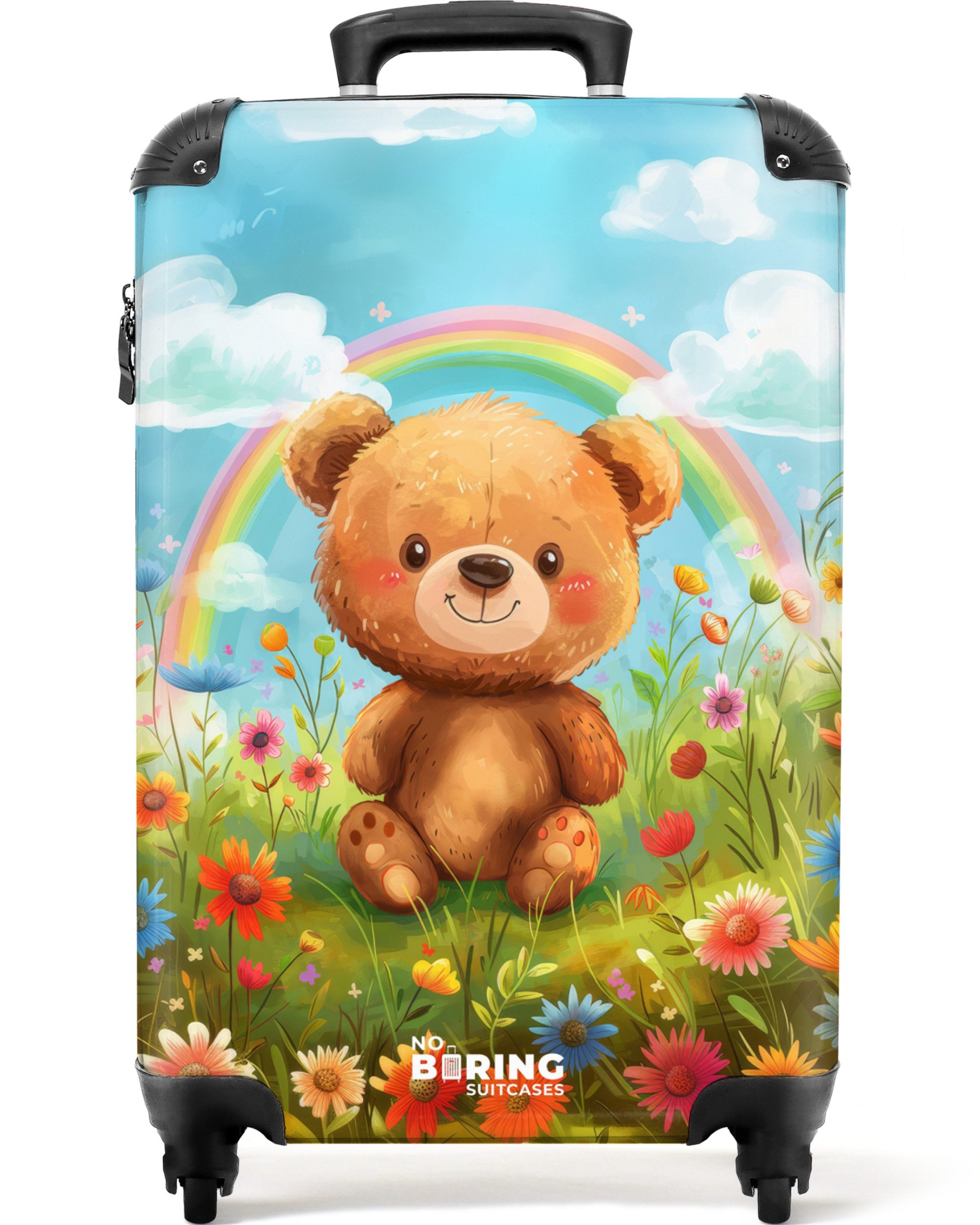 NoBoringSuitcases.com© Kinderkoffer Brauner Teddybär vor einem Regenbogen in einem Blumenfeld 55x35x20cm, 4 Rollen, Kinder Koffer Klein, Trolley Handgepäck, Reisekoffer