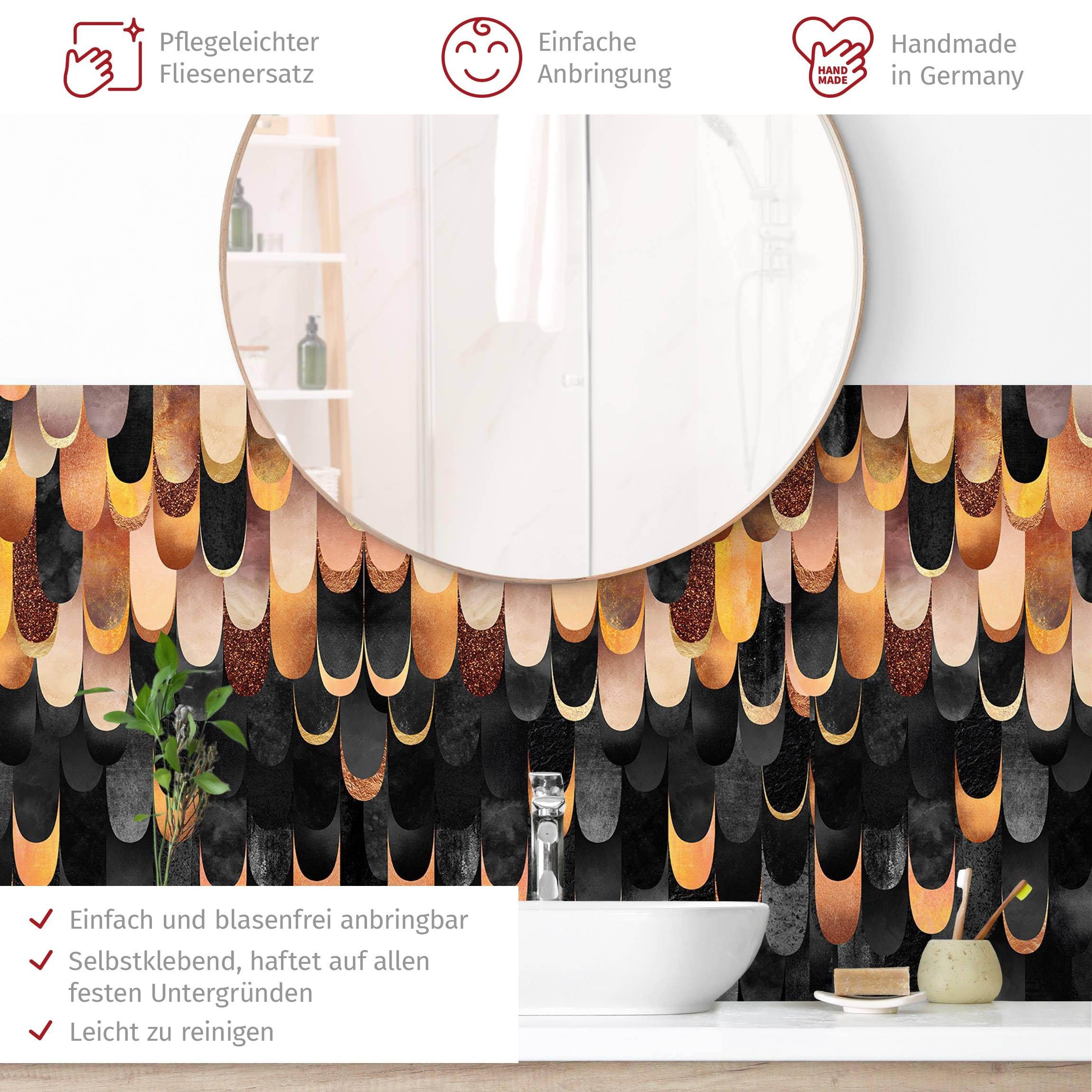 Bilderdepot24 Badrückwand gold fugenlose Wandverkleidung Bad Abstrakt, (Hartfolie matt » Selbstklebend SMART 0,35 mm), wasserfestes Wandpaneel Federn Bronze Schwarz II