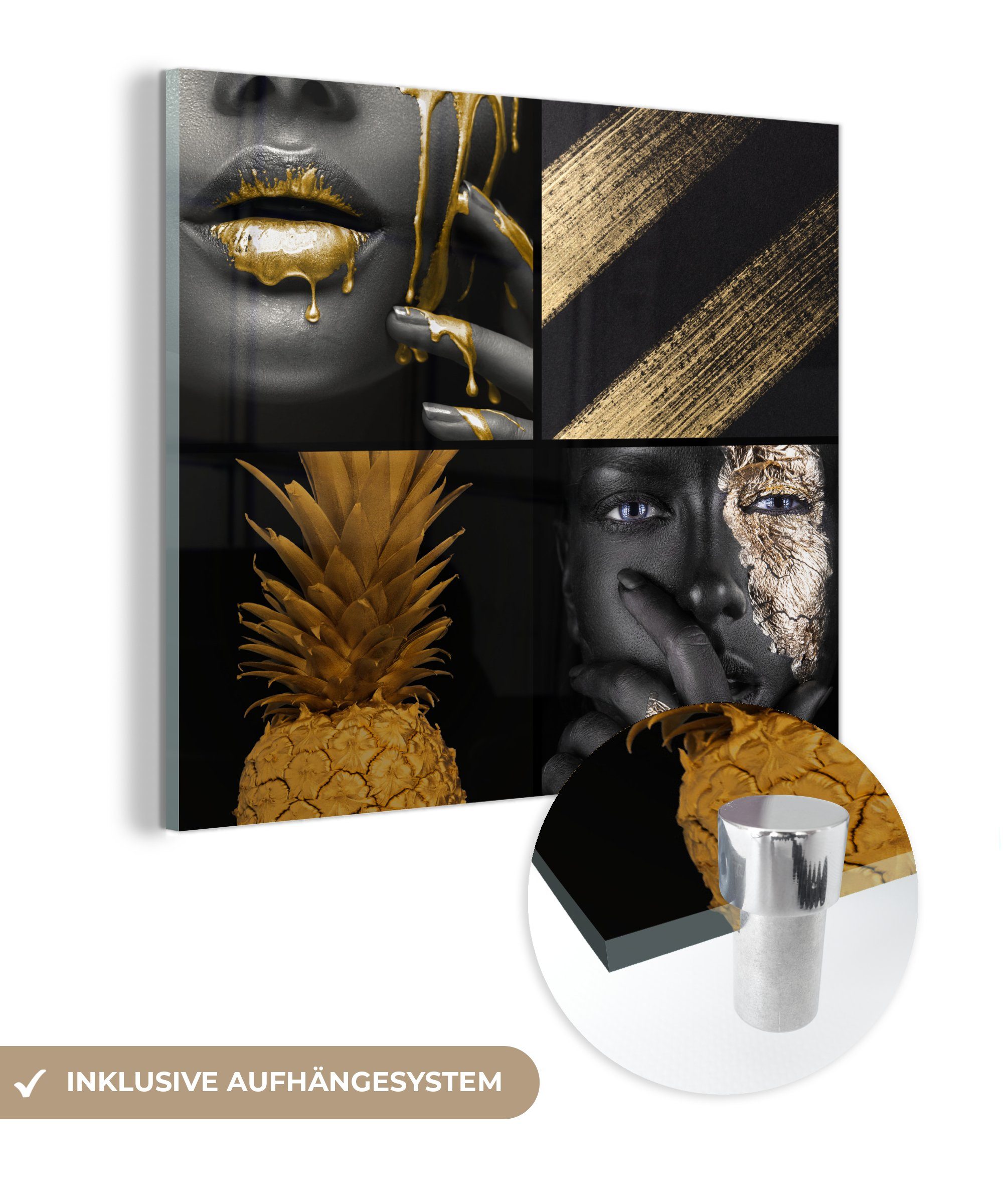 MuchoWow Acrylglasbild Collage - Farbe - Gold - Frauen, (1 St), Glasbilder - Bilder auf Glas Wandbild - Foto auf Glas - Wanddekoration