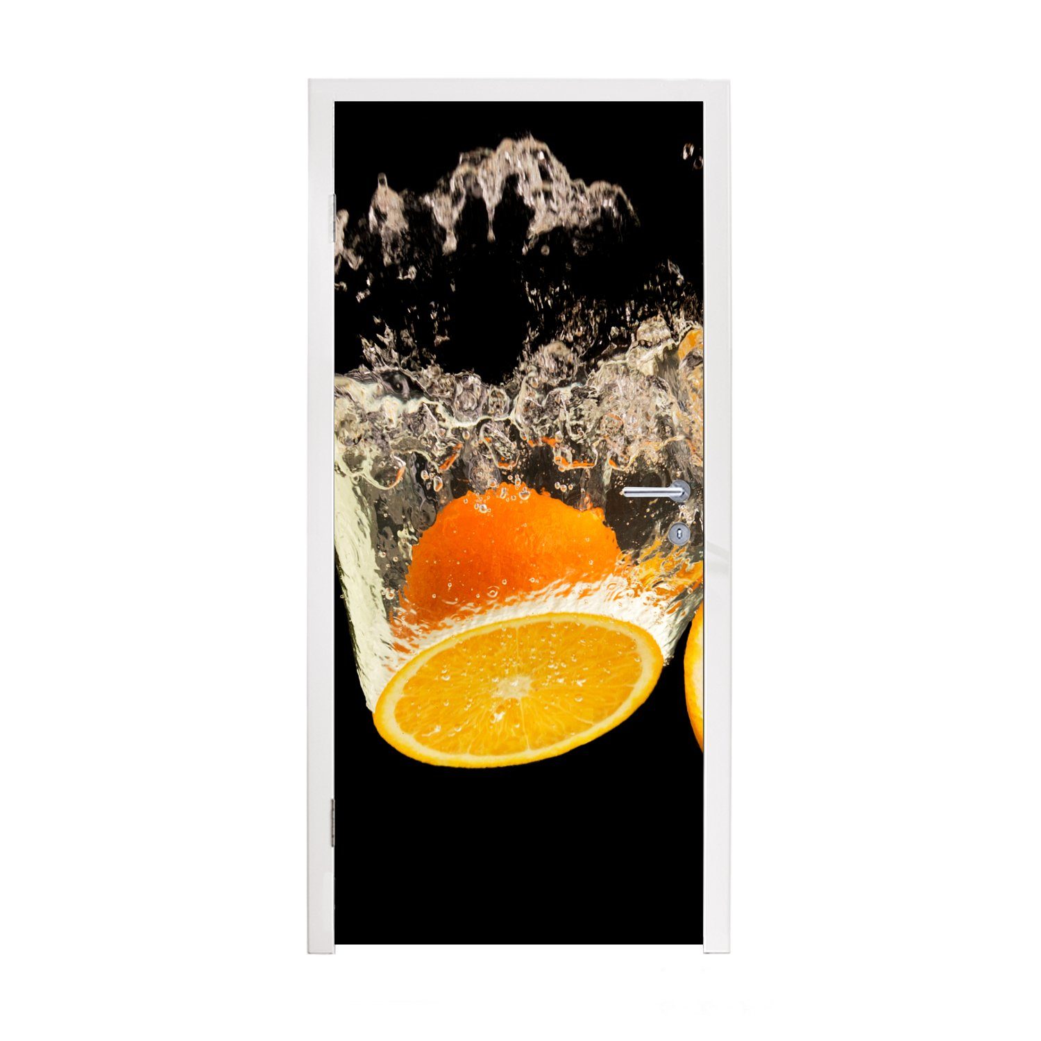 MuchoWow Türtapete Orange - Stillleben - Wasser - Schwarz - Obst, Matt, bedruckt, (1 St), Fototapete für Tür, Türaufkleber, 75x205 cm