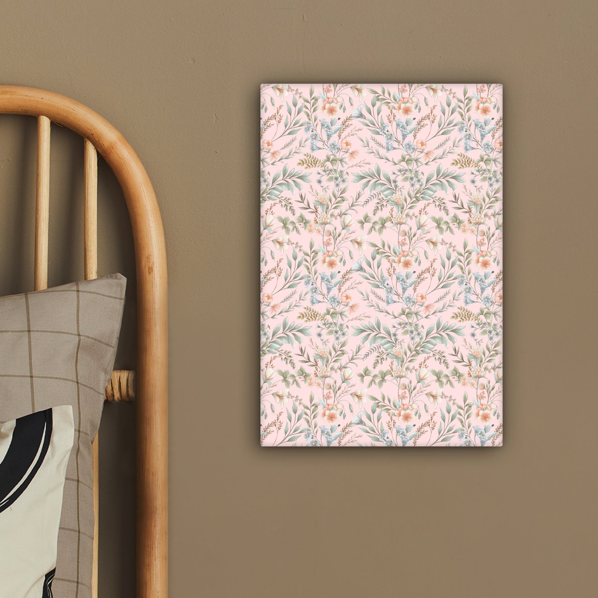 (1 Blumen cm St), fertig - 20x30 Rosa, Leinwandbild Gemälde, OneMillionCanvasses® Leinwandbild Muster Zackenaufhänger, - bespannt inkl.