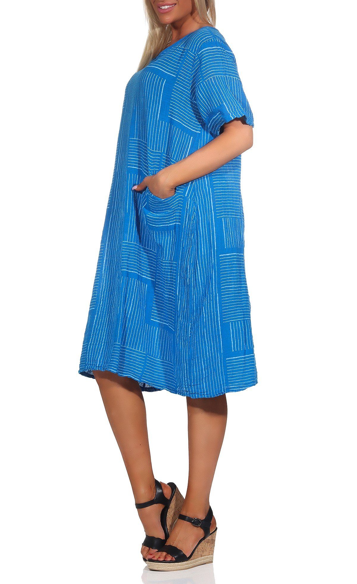 % Mississhop Strandkleid Baumwolle Baumwollkleid M.377 Himmelblau Casual 100 Shirtkleid Sommerkleid