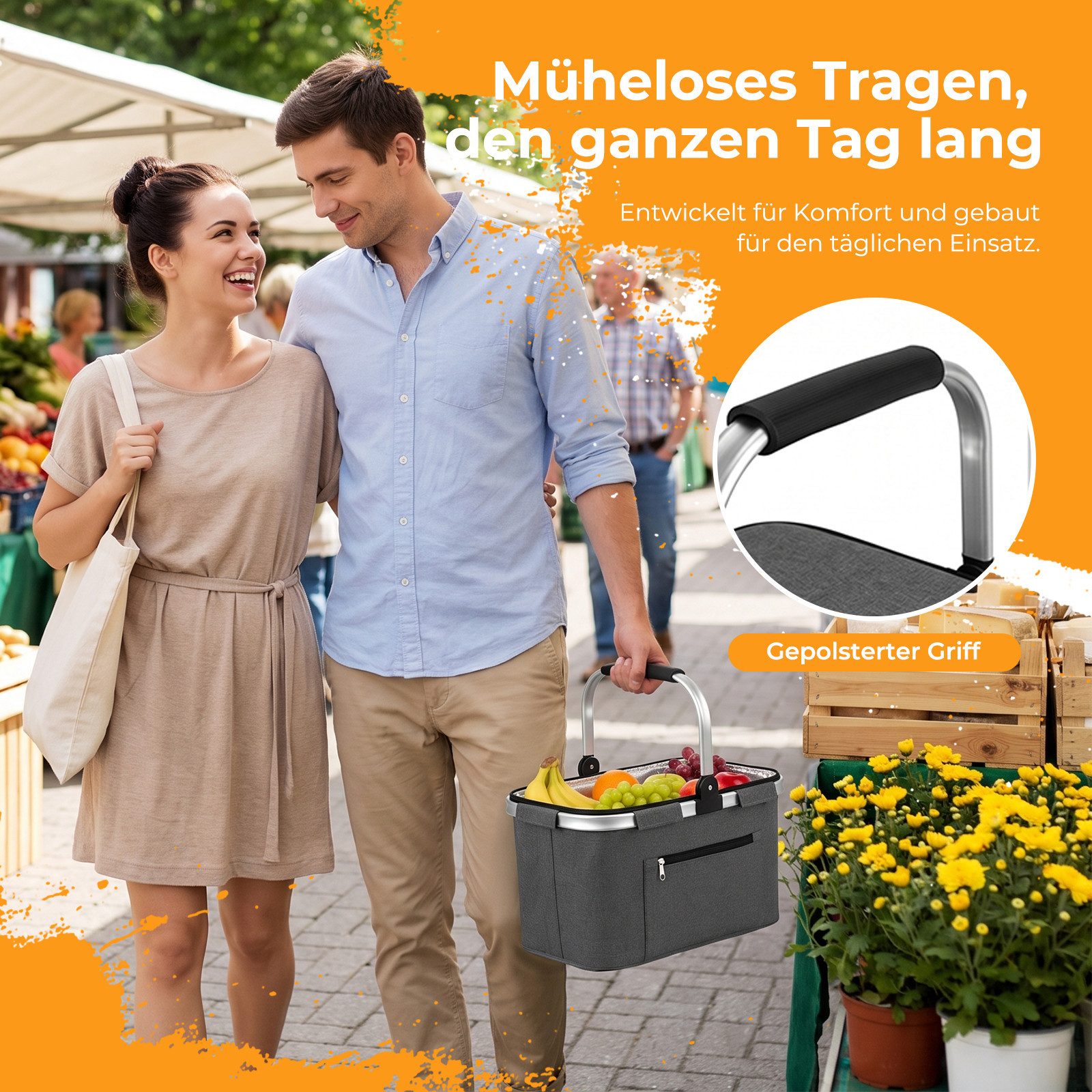 AKKEE Einkaufskorb Großer Picknickkorb mit gepolsterten Griffen Praktischer, Faltbarer Korb Einkaufstasche mit Aluminiumrahmen – Bild 4 von 5