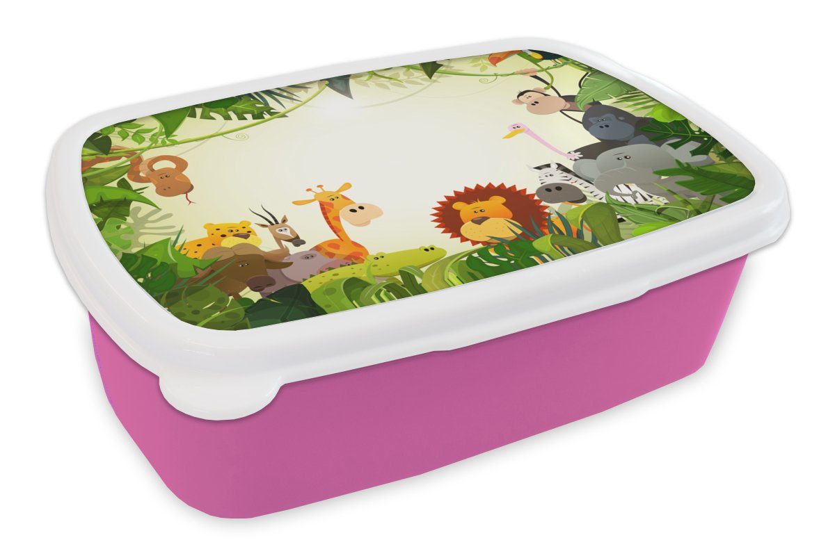 MuchoWow Lunchbox Dschungel - Tiere - Schlange - Elefant - Jungen - Mädchen - Kinder -, Kunststoff, (2-tlg), Brotbox für Erwachsene, Brotdose Kinder, Snackbox, Mädchen, Kunststoff rosa
