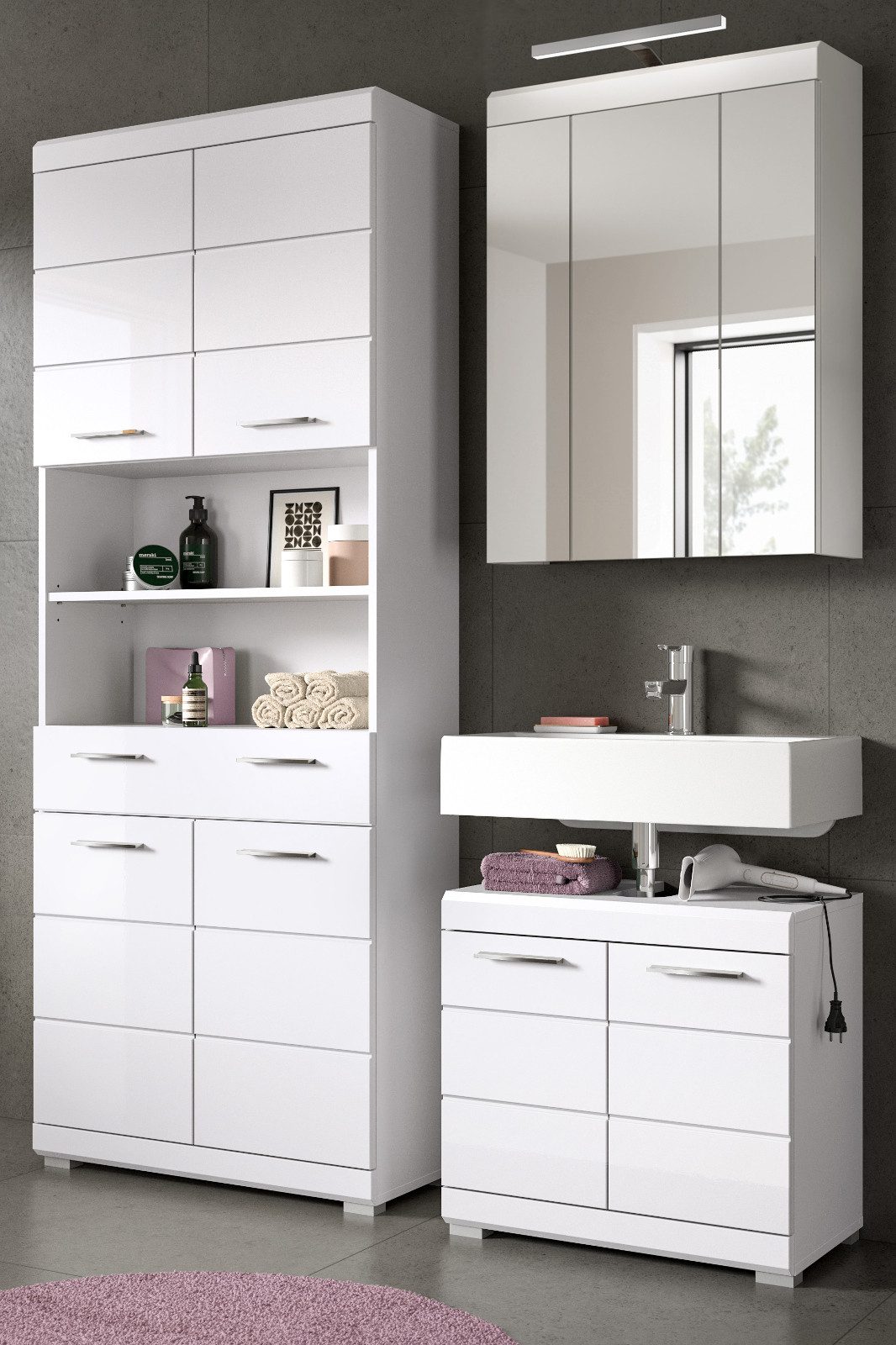 Inn.Furn Badmöbel-Set Shawn, (Badezimmer in weiß Hochglanz, 3-teilig, ca. 150 x 190 cm), mit 15 Fächern