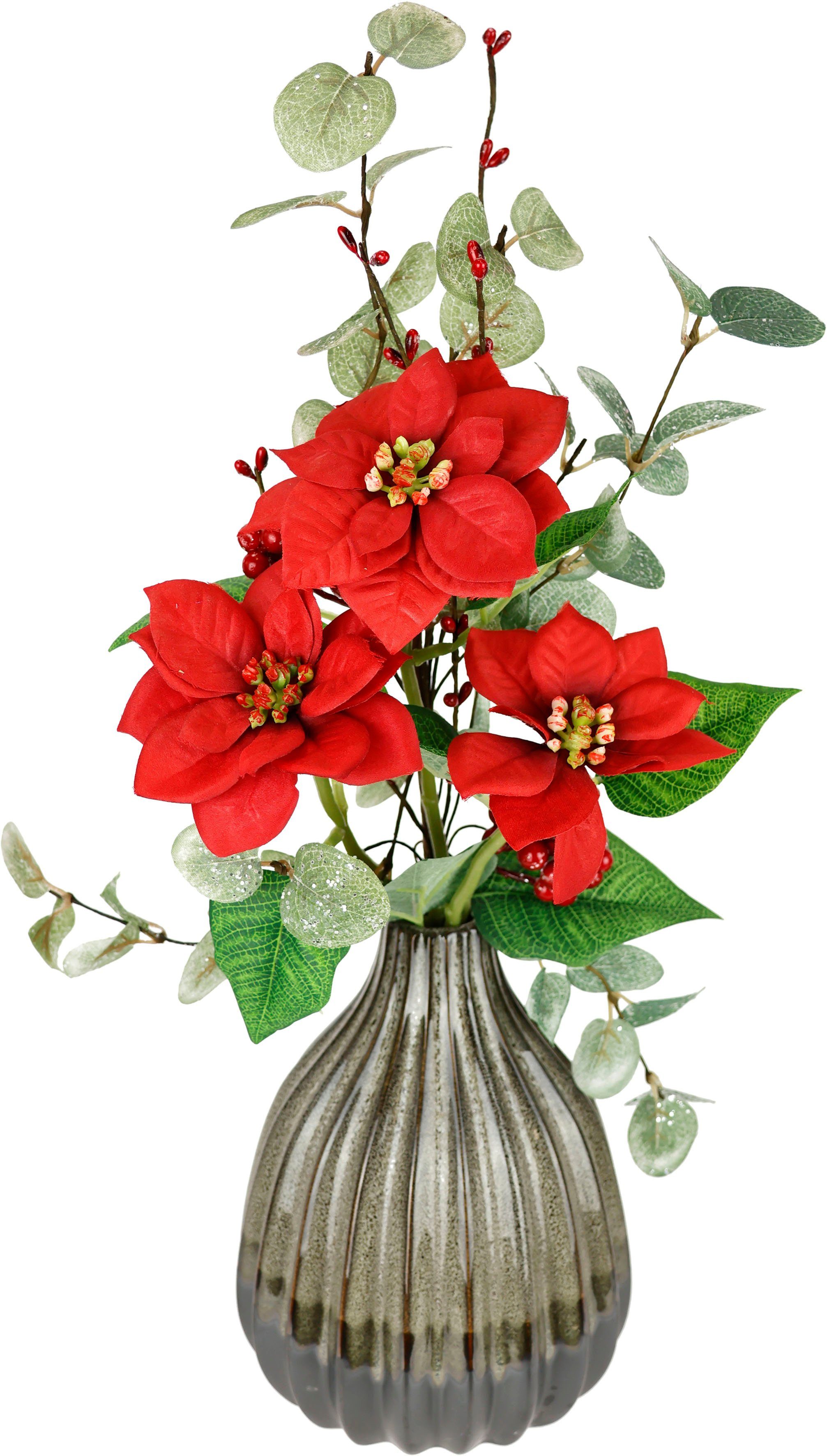 Winterliche Kunstpflanze Gesteck mit Poinsettia in Keramikvase, mit  Eukalyptuszweigen Christstern, Eukalyptus, I.GE.A., Höhe 46 cm, Kunstblumen  Arrangement, Weihnachtsdeko