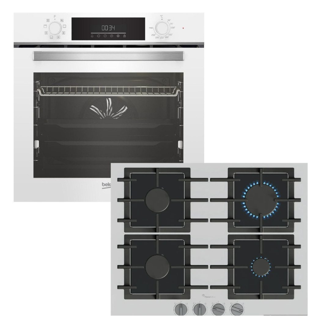 BEKO Backofen-Set Backofen Teleskopauszug SteamShine weiß+Bosch Gaskochfeld FlameSelect, mit 1-fach Teilauszug, Steam Clean