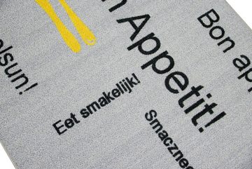 Teppich Küchenteppich waschbar mit Schriftzug Guten Appetit in Grau Gelb, TeppichHome24, rechteckig