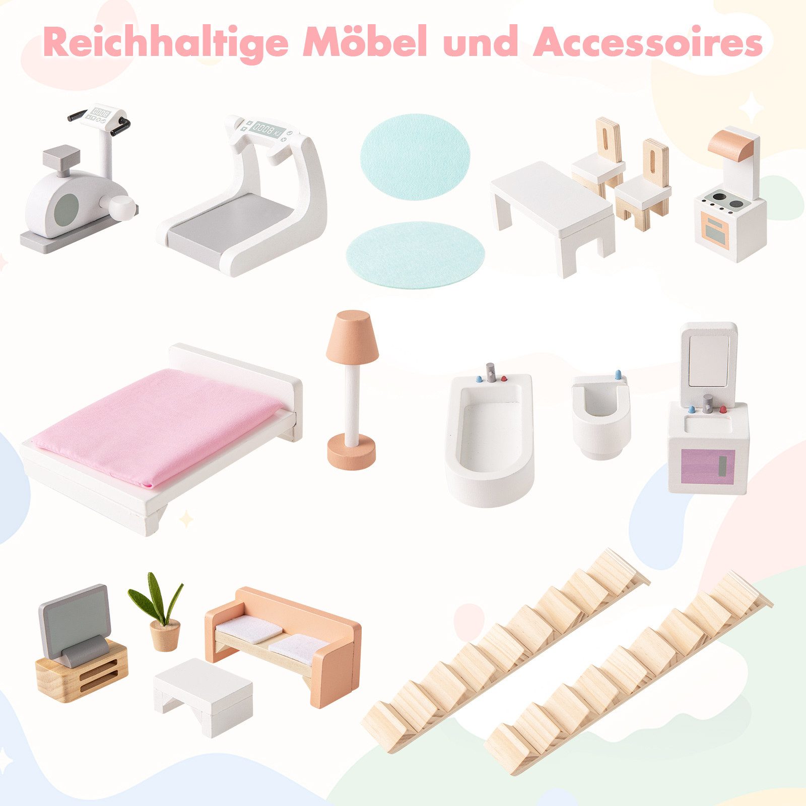 COSTWAY Puppenhaus, 3 Etagen Puppenstube, Holz mit Dächern, Türen, Zubehör