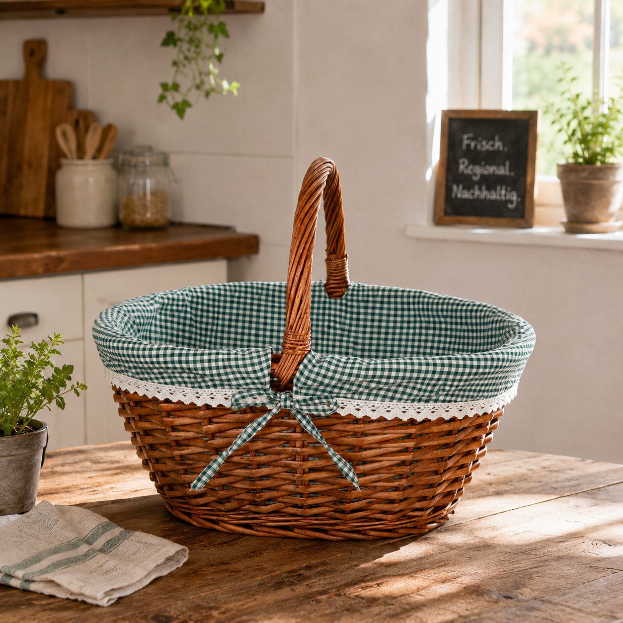 Kobolo Einkaufskorb Weidenkorb - Textil grün kariert - 45x34x20 cm, 22 l