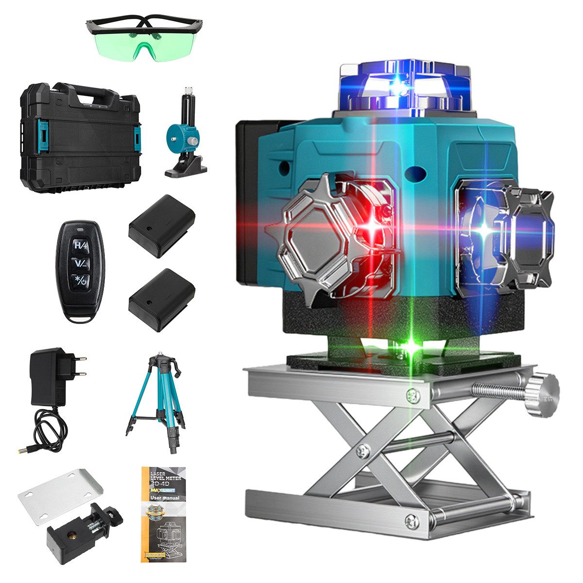 AUDEW Laserwasserwaage 4D 16 Linien Laser Level 3° Selbstnivellierend, (Grün/Rot/Blau/Lila Laserfarben), Digitaldisplay IP54 Wasserdicht, 2x 1200 mAh Akku mit Stativ