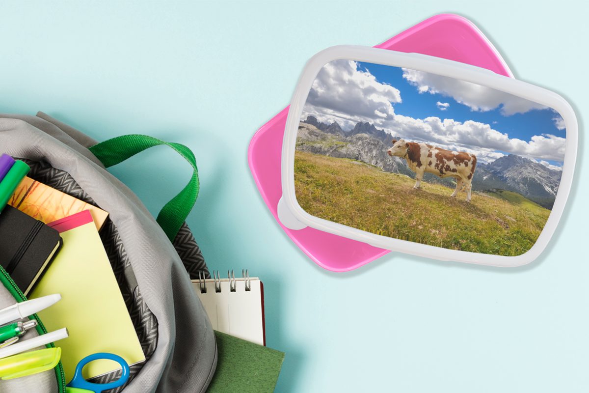 (2-tlg), - Kinder, Kuh Lunchbox - rosa Brotdose Erwachsene, Kunststoff, Mädchen, Snackbox, für Kunststoff Gras Brotbox Wolken, MuchoWow