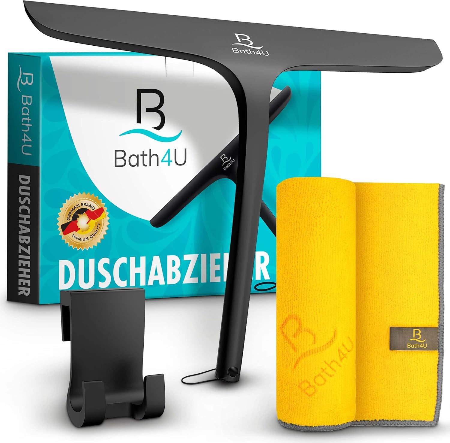 Bath4U Duschabzieher Profi Duschabzieher 27,5cm Silikon & Edelstahl für Dusche & Fenster, Inkl. Gratis Tuch & 2 Halterungen Schont Fliesen Rostfrei & Modern