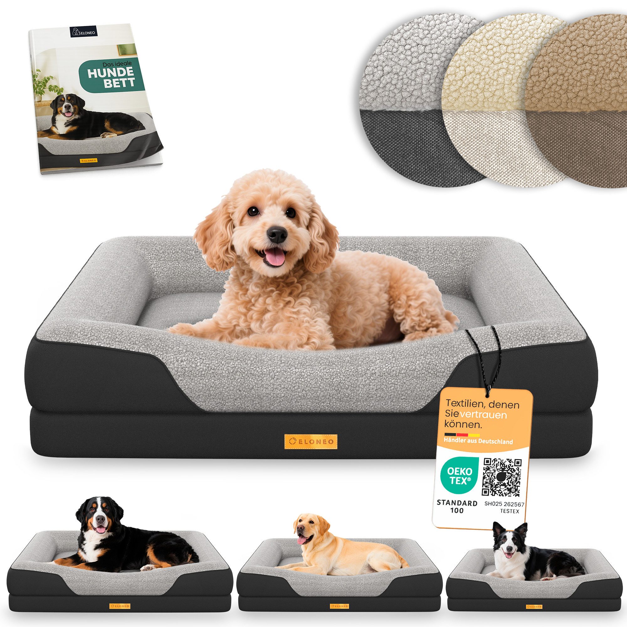ELONEO Hundebett ELONEO - Orthopädisches Premium Hundebett, gelenkschonend, waschbar, Aus kuscheligem Sherpa-Fleece und strapazierfähigem Sofastoff