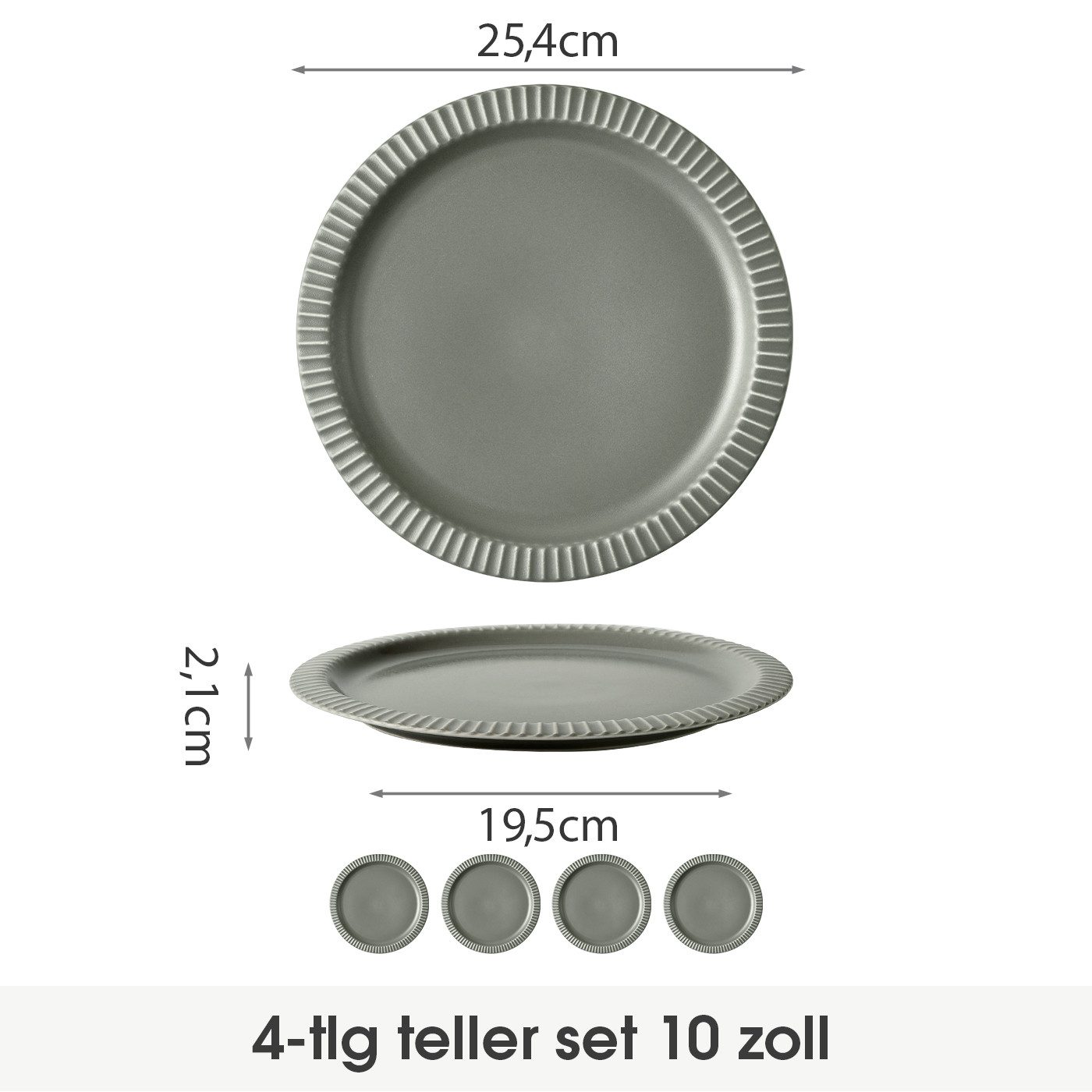 JIWOO Teller 4er Ø25,4cm, Steakteller Salatteller Pastateller Dessertteller Plate, (4 St), Keramik Hochwertiges Tellerset Grau Mikrowellen spülmaschinenfest