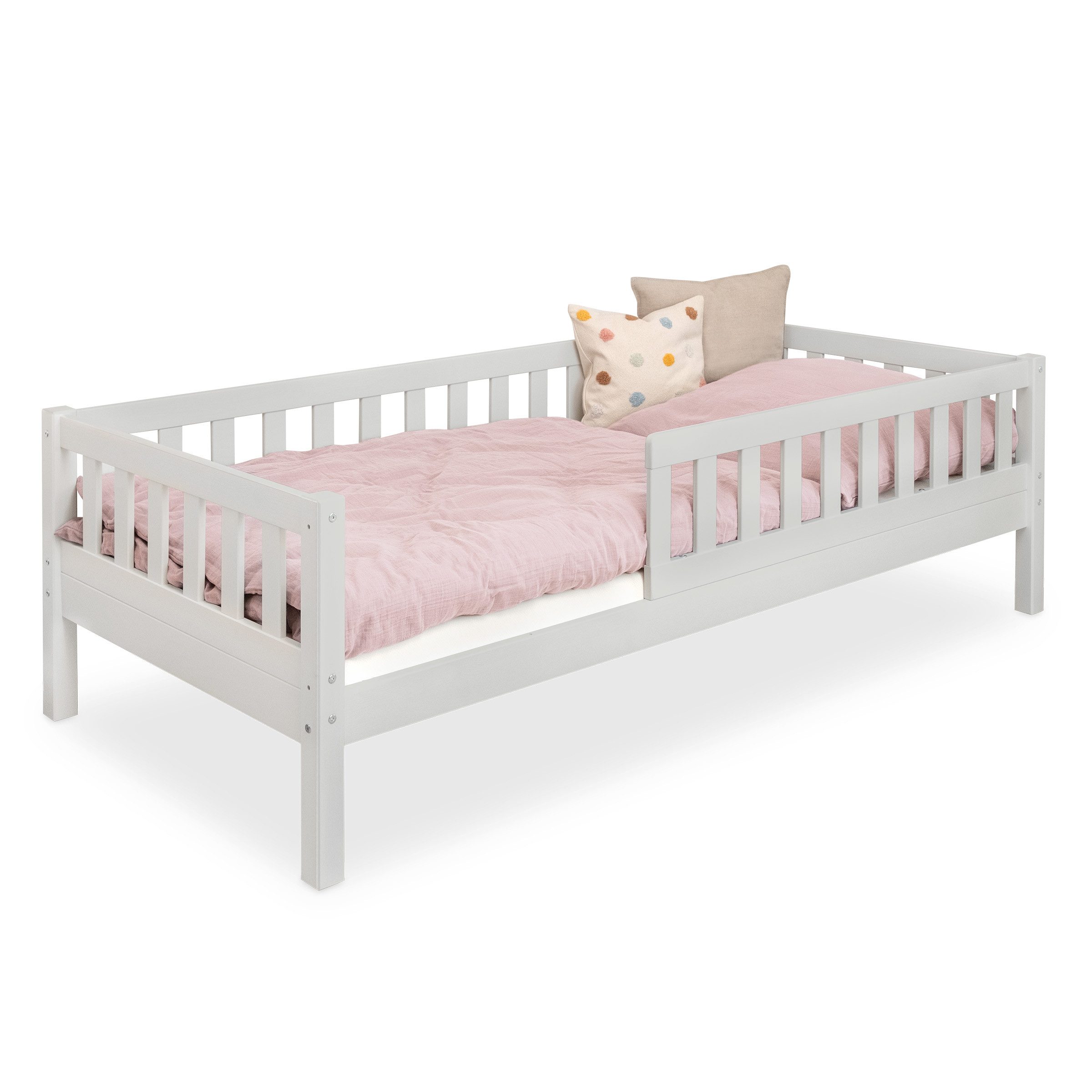 Ehrenkind Kinderbett Lille aus massivem Kieferholz inkl. Rollrost und Rausfallschutz (90x200 cm Hellgrau, 2-in-1: Mit optionalem Umbauset zum Bodenbett umbaubar), flexibler Rausfallschutz beidseitig montierbar