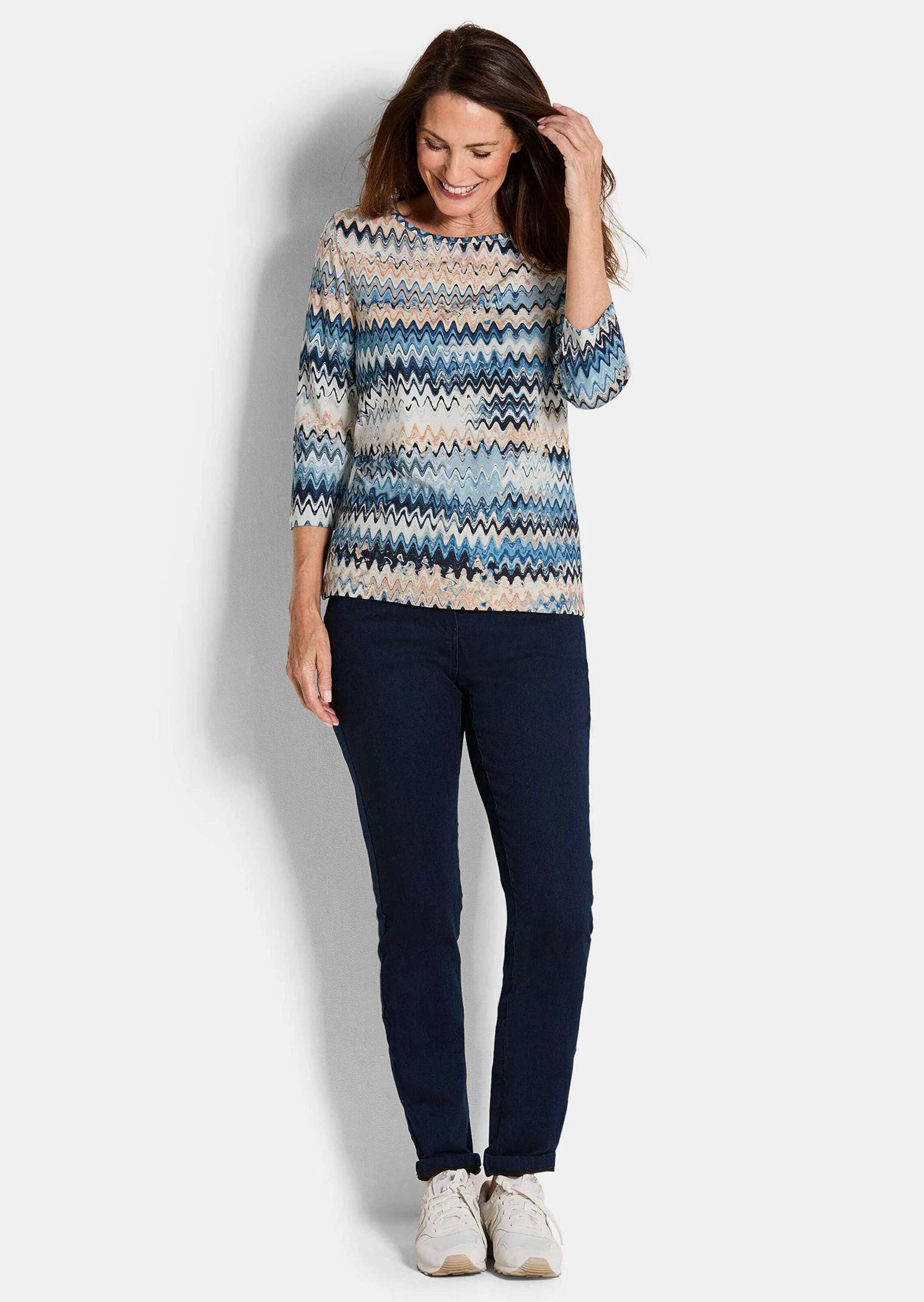 GOLDNER Print-Shirt Halbarm-Viskosebluse, Zickzack-Design Printshirt mit U-Boot-Ausschnitt und 3/4-Ärmeln