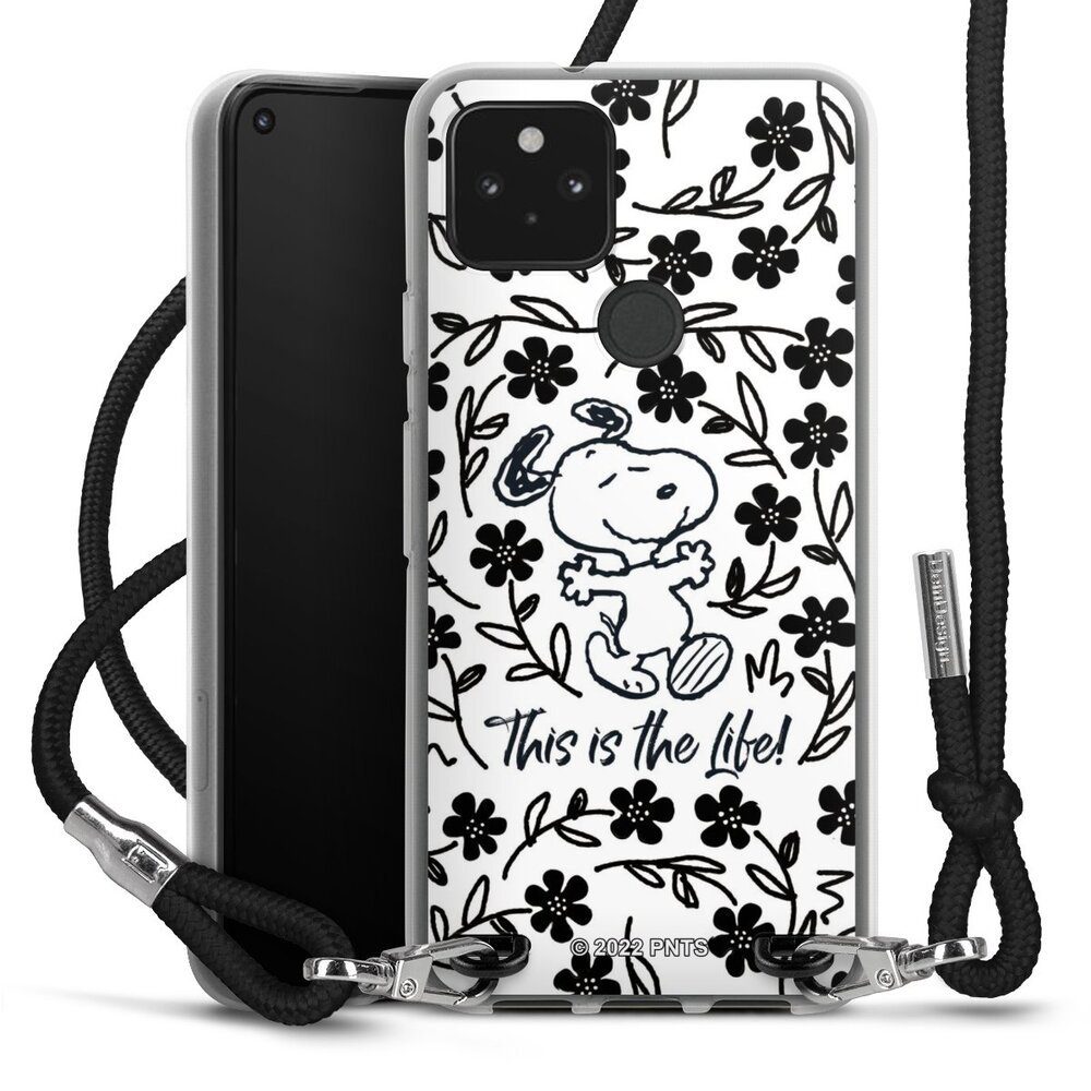 DeinDesign Handyhülle Peanuts Blumen Snoopy Snoopy Black and White This Is The Life, Google Pixel 5 Handykette Hülle mit Band Case zum Umhängen