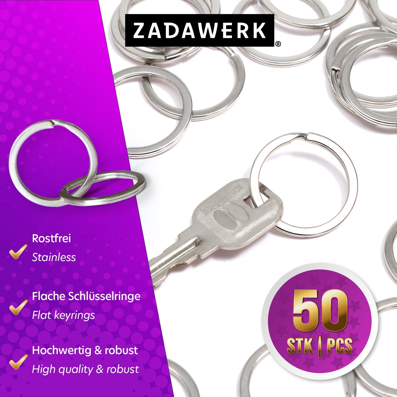 ZADAWERK Schlüsselanhänger Schlüsselringe (Set, Anhänger Ø Metall 50-tlg., Silber), 30 mm - aus