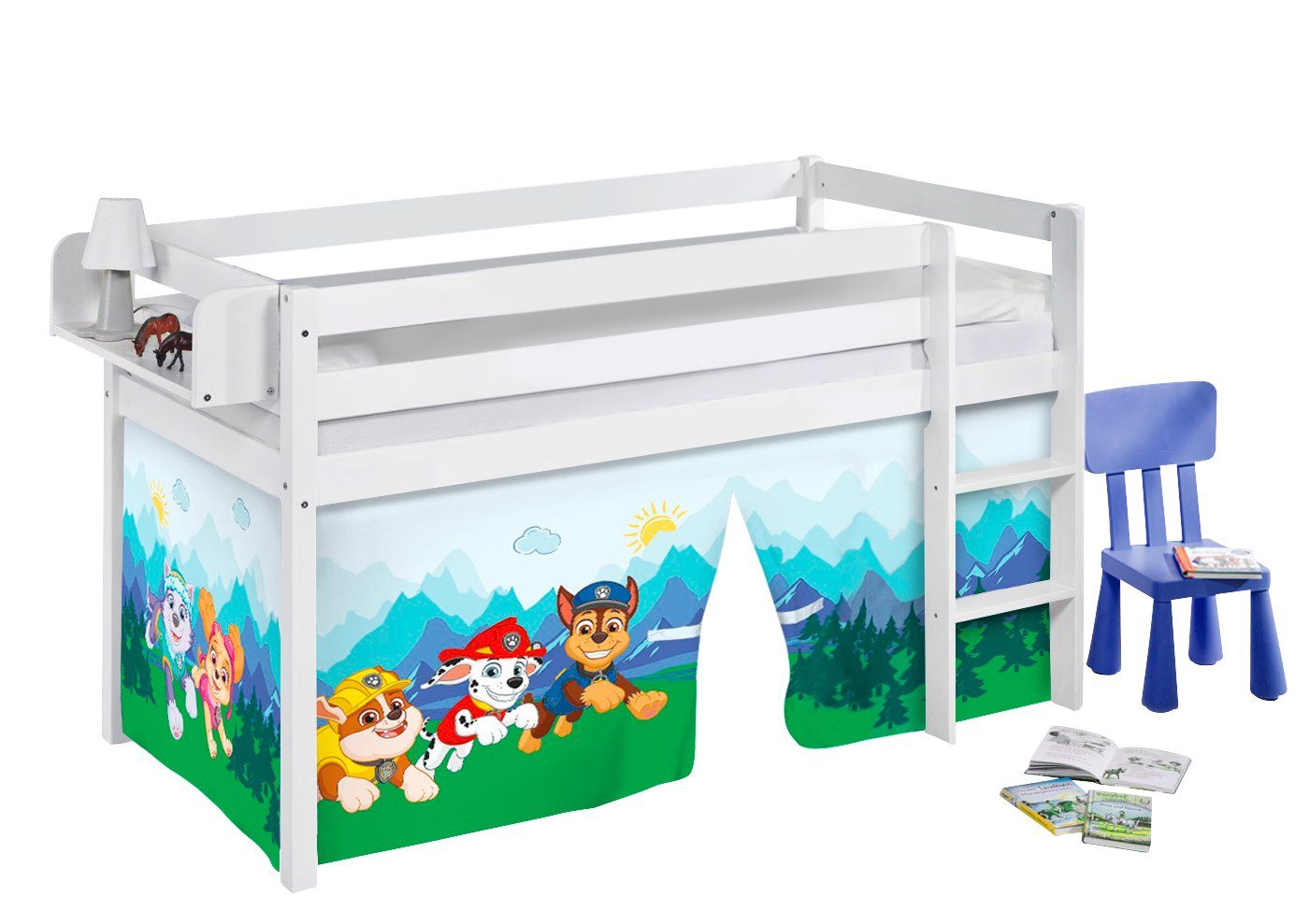 Lilokids Kinderbett Hochbett JELLE weiss Vorhang PAW PATROL Spielbett