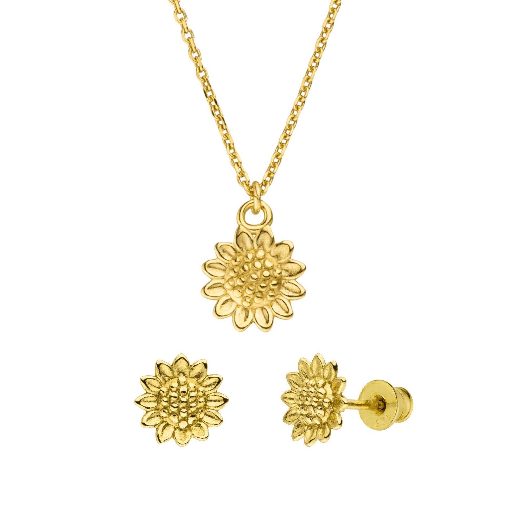 SCHOSCHON Schmuckset Sonnenblume Set Kette Anhänger Ohrstecker 925 Silber vergoldet