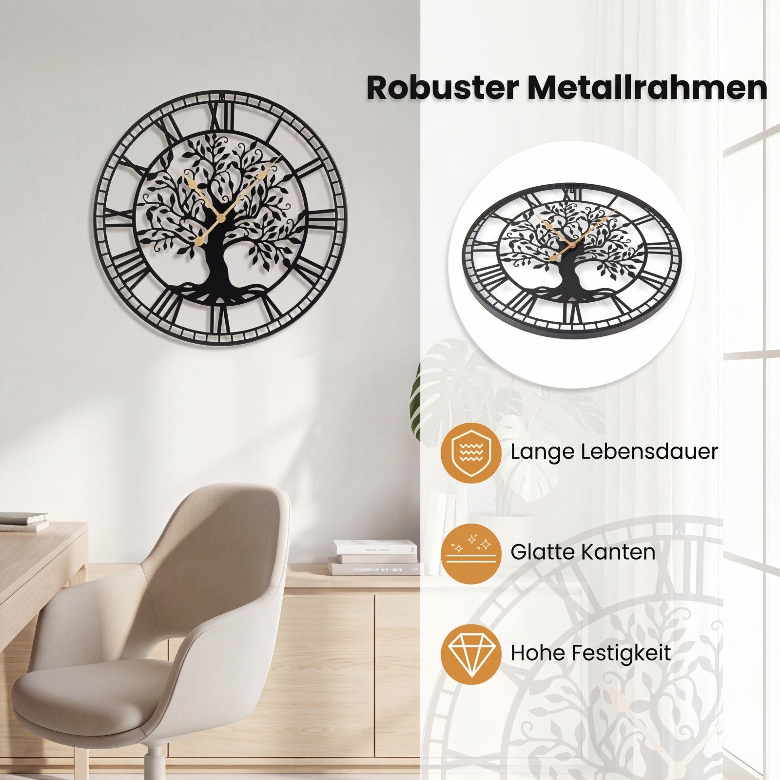 COSTWAY Wanduhr (Dekorative Uhr mit römische Ziffern, ohne Tickgeräusche)