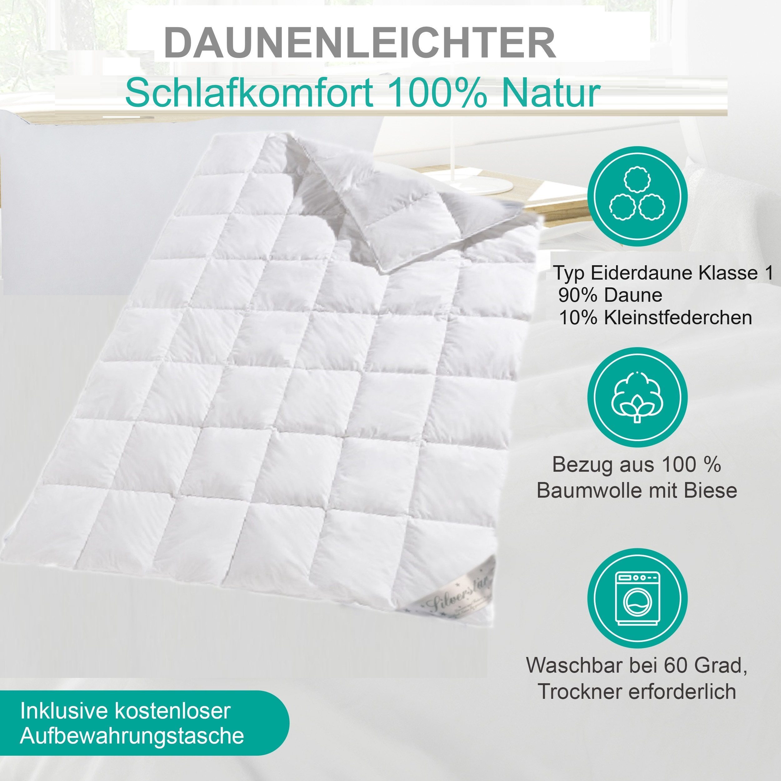 Bach's Bettenwelt Daunenbettdecke Daunendecke Typ Eider Silverstar Ganzjahresdecke Außensteg, Füllung: Entendaune, Typ Eider Daune, Außen- und Innensteg