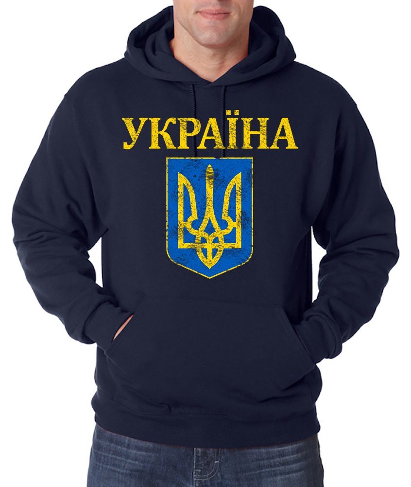 Kapuzenpullover Wappen Designz Youth Hoodie Ukraine Vintage Wappen Navyblau Pullover mit Logo Herren Print