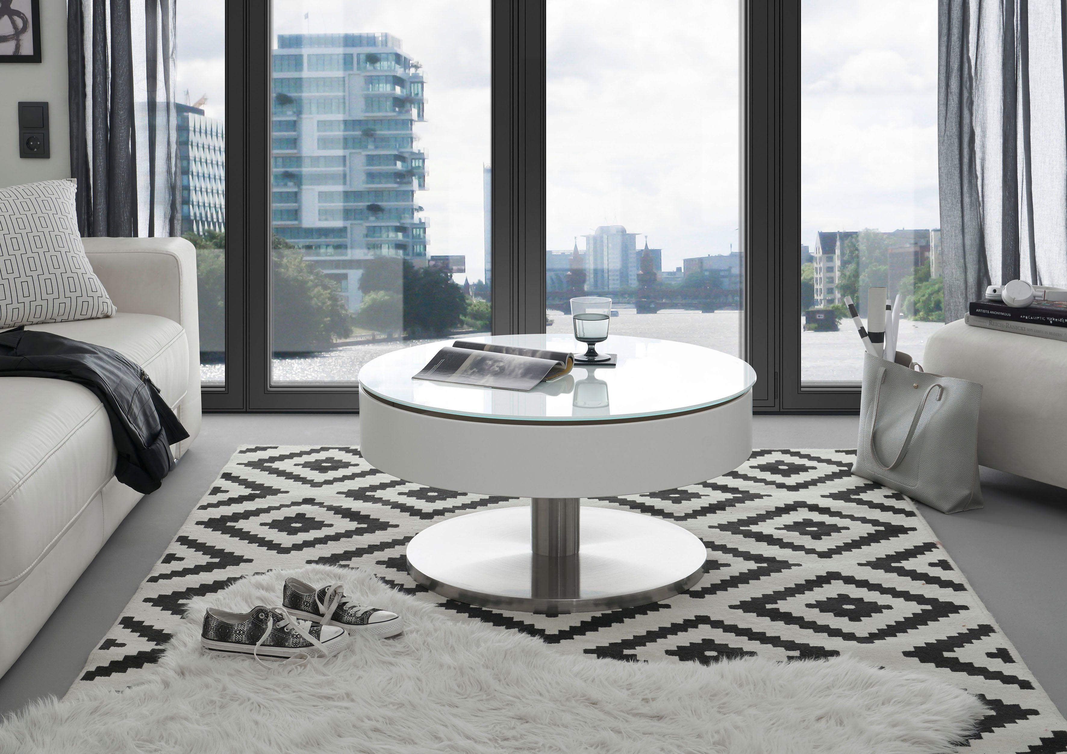 furniture drehbar | weiß mit Couchtisch Weiß MCA Suva, Tischplatte Innenfach