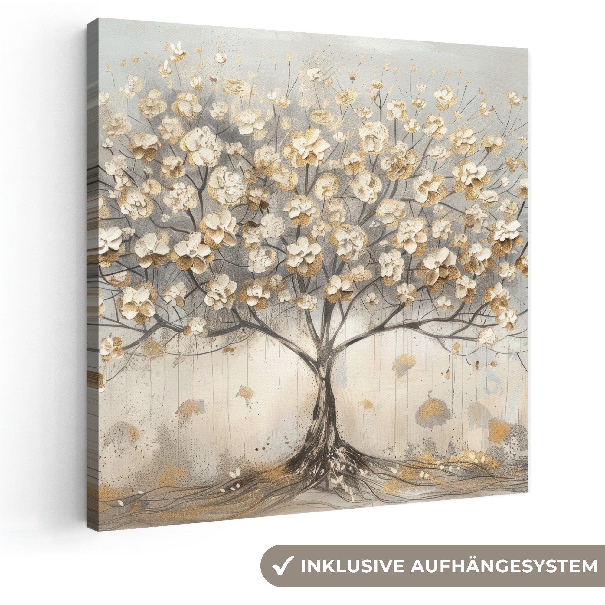 OneMillionCanvasses® Leinwandbild Baum - Beige - Gold - Farben Optik - Grau, Fotodruck (1 St), Wandbild, Deko Schlafzimmer Wohnzimmer Flur 20x20 cm