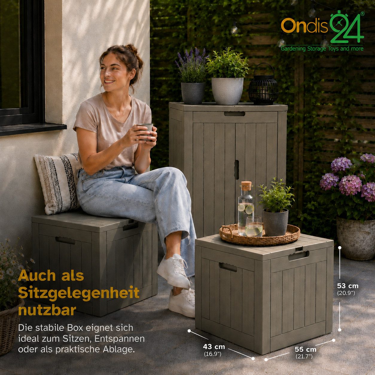 ONDIS24 Gartenbox City Cube Holzoptik Kissenbox Poolbox Sitztruhe 110L, UV,- und witterungsbeständig, abschließbar