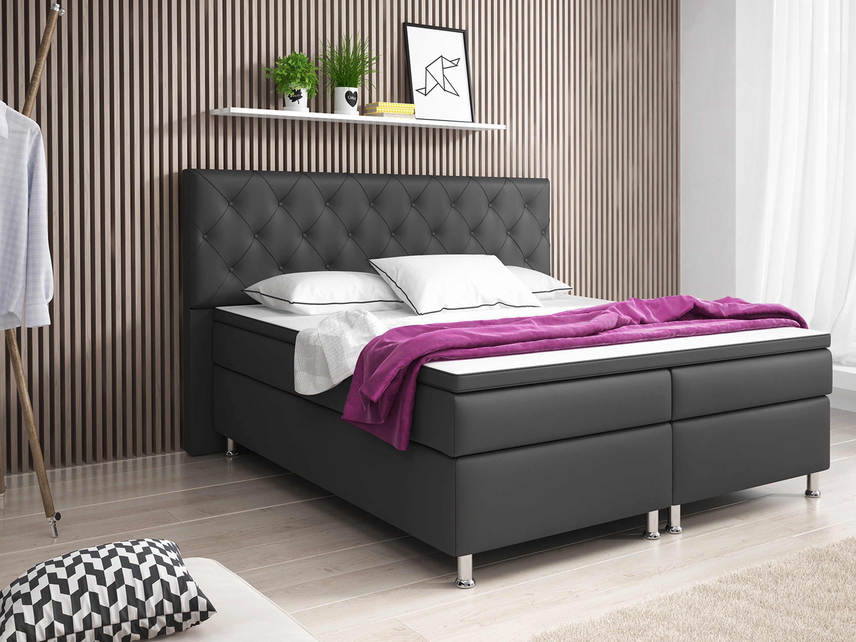 inter Boxspringbett Turin mit 7 Zonen Taschenfederkernmatratzen und Topper (180x200 cm, Anthrazit inkl. 7 Zonen Taschenfederkernmatratzen und Topper), Taschenfederkern-Komfort, gepolstertes Kopfteil, inklusive Matratzen