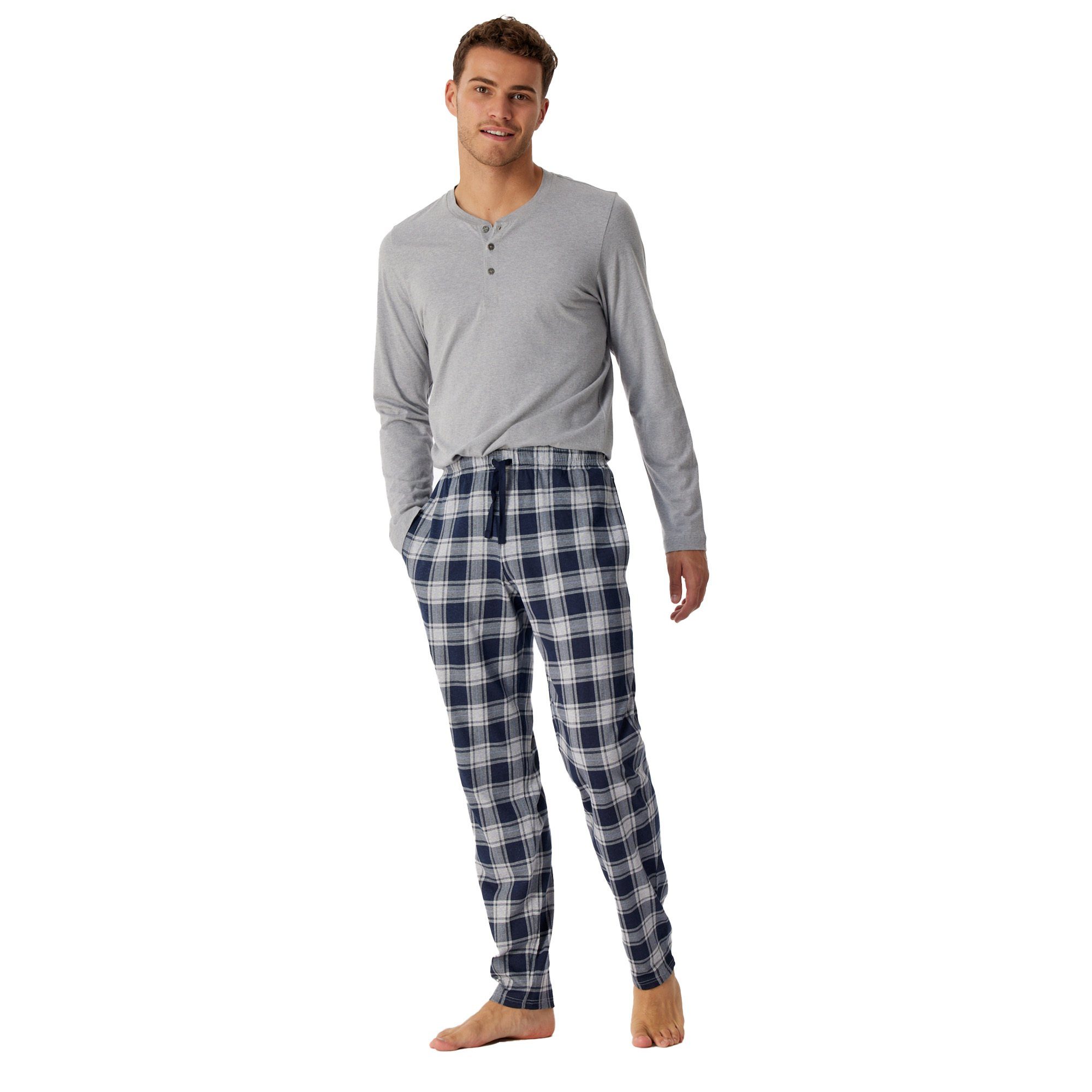 - Herren Loungehose, nachtblau Schiesser kariert Pyjama Baumwolle, Web-Hose