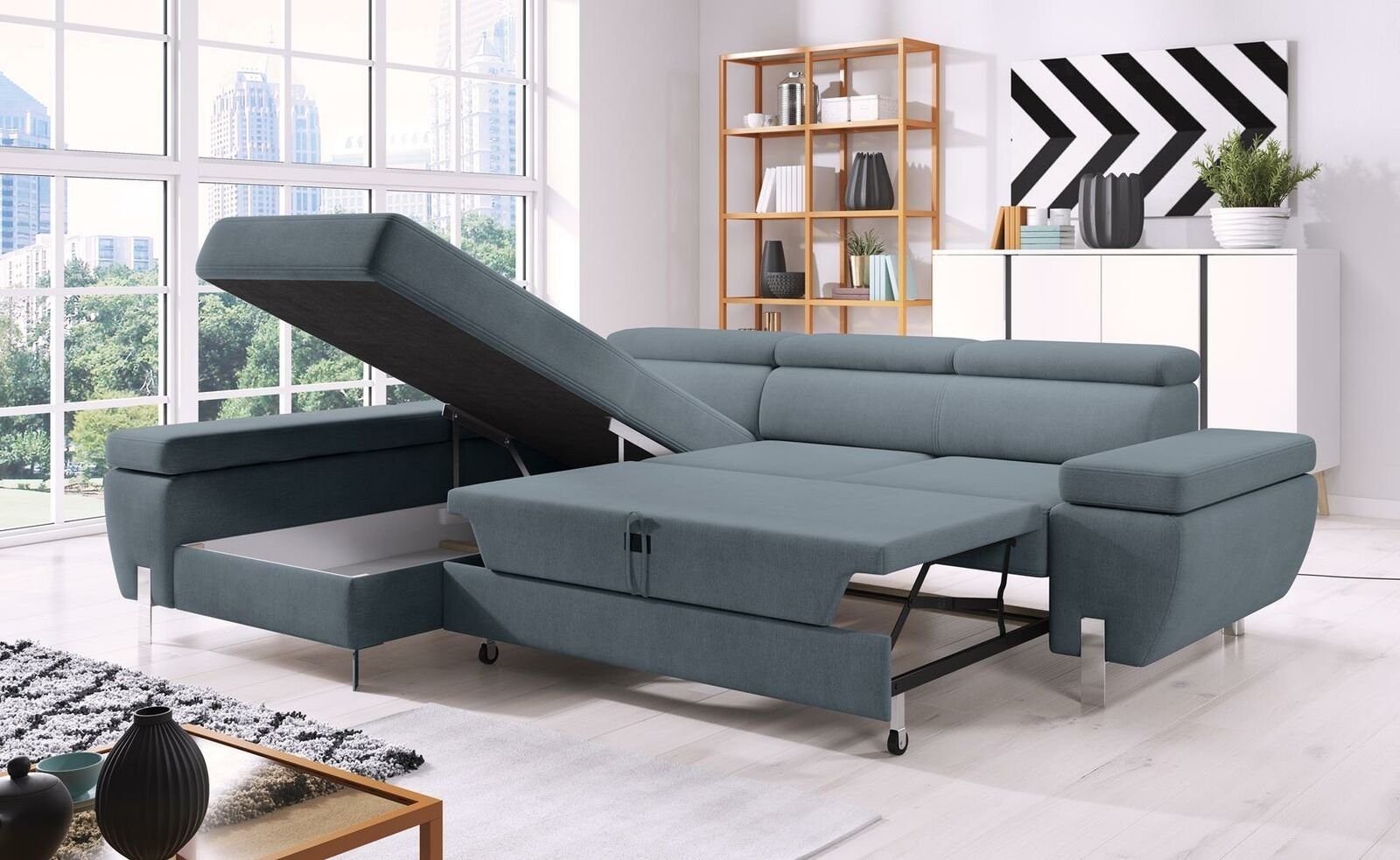 L-form Couch Schlafsofa Bettfunktion Bettfunktion Dunkelgrau Sofas, Mit Textil Ecksofa Ecksofa Design JVmoebel